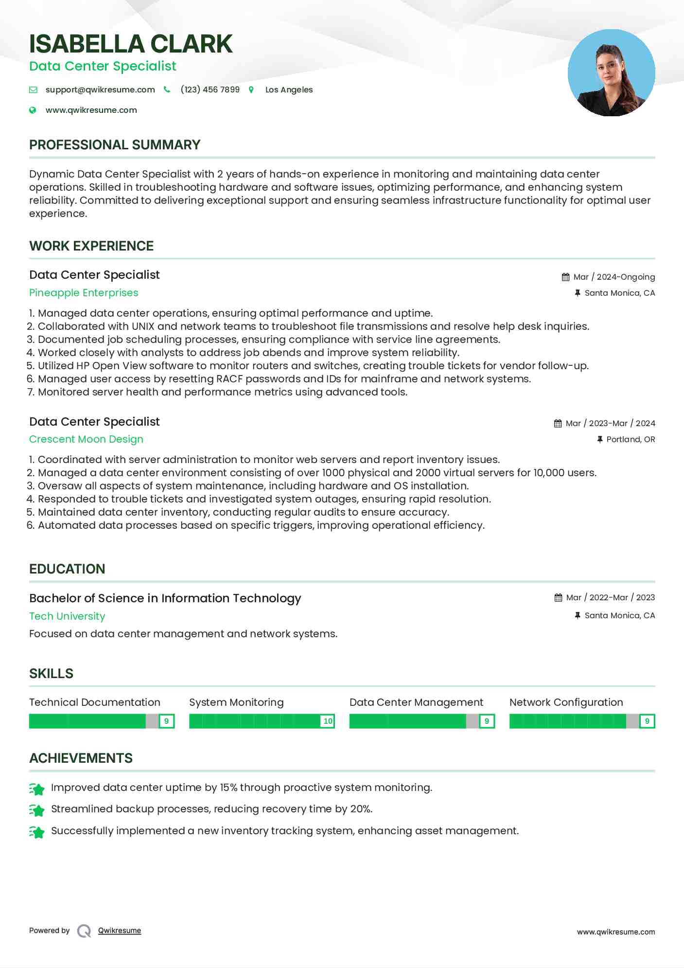 Data Center Specialist Resume Model