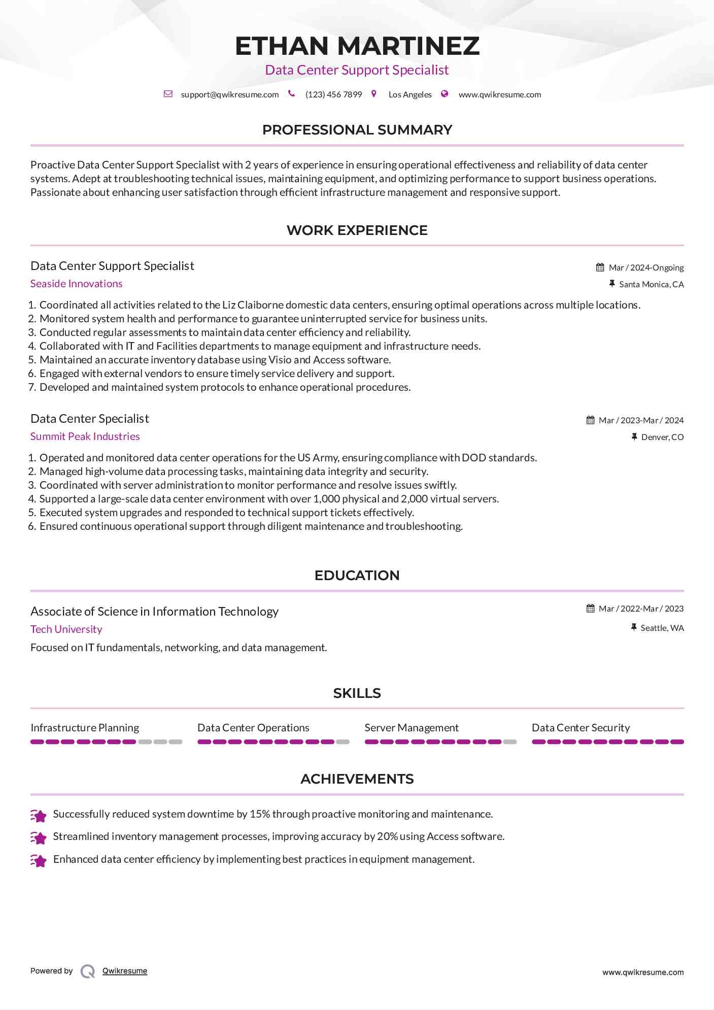 Data Center Support Specialist Resume Sample