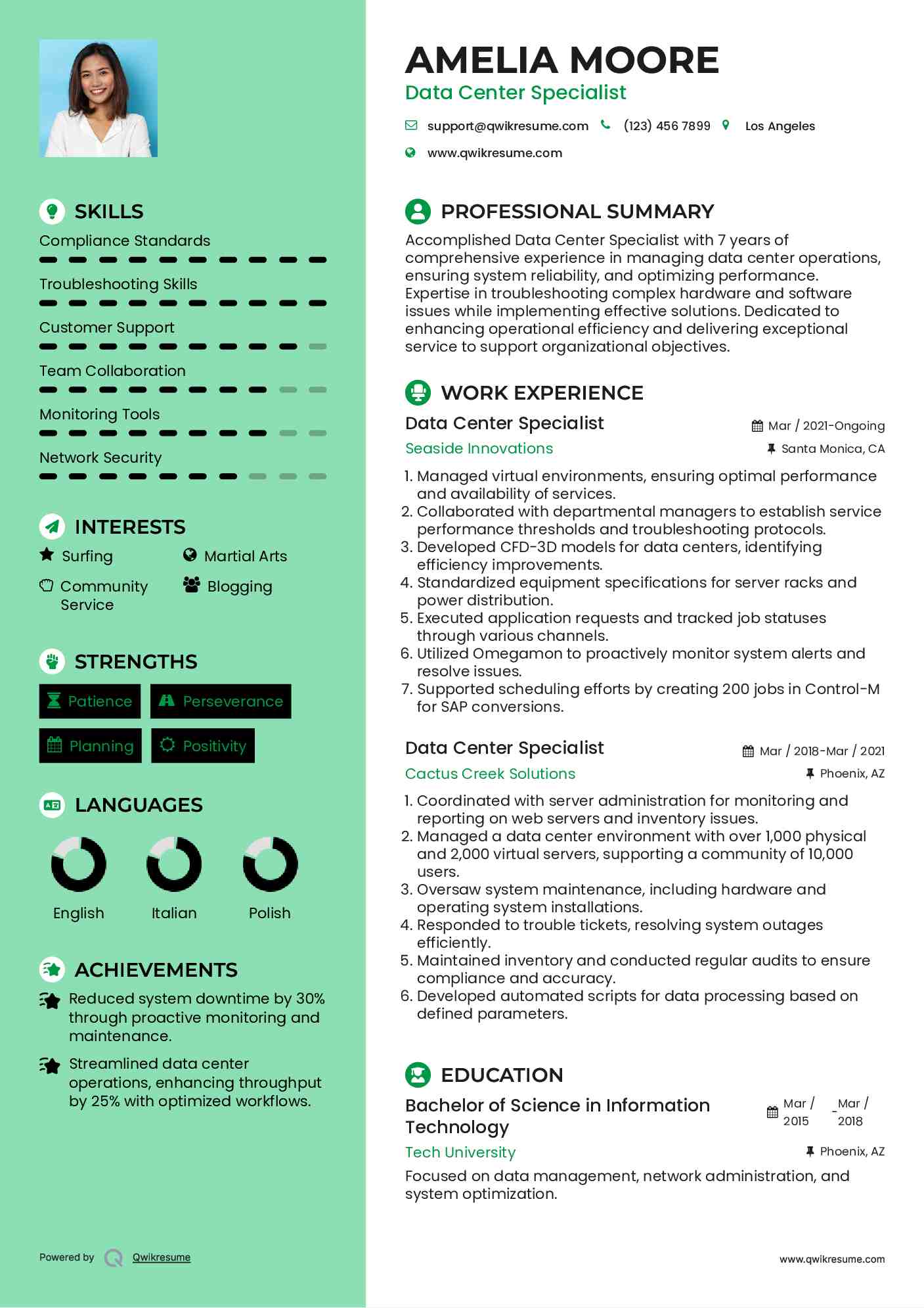 Data Center Specialist Resume Template