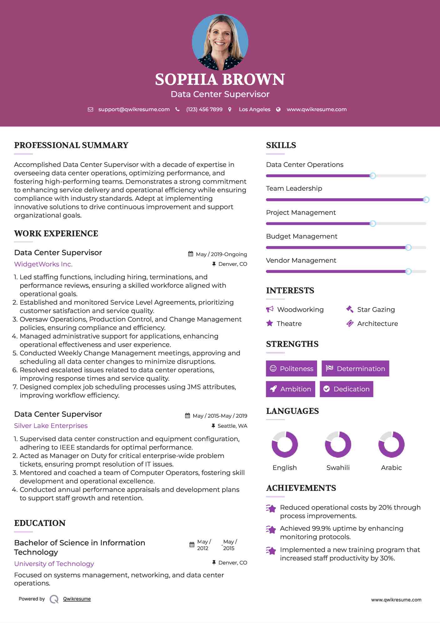 Data Center Supervisor Resume Sample