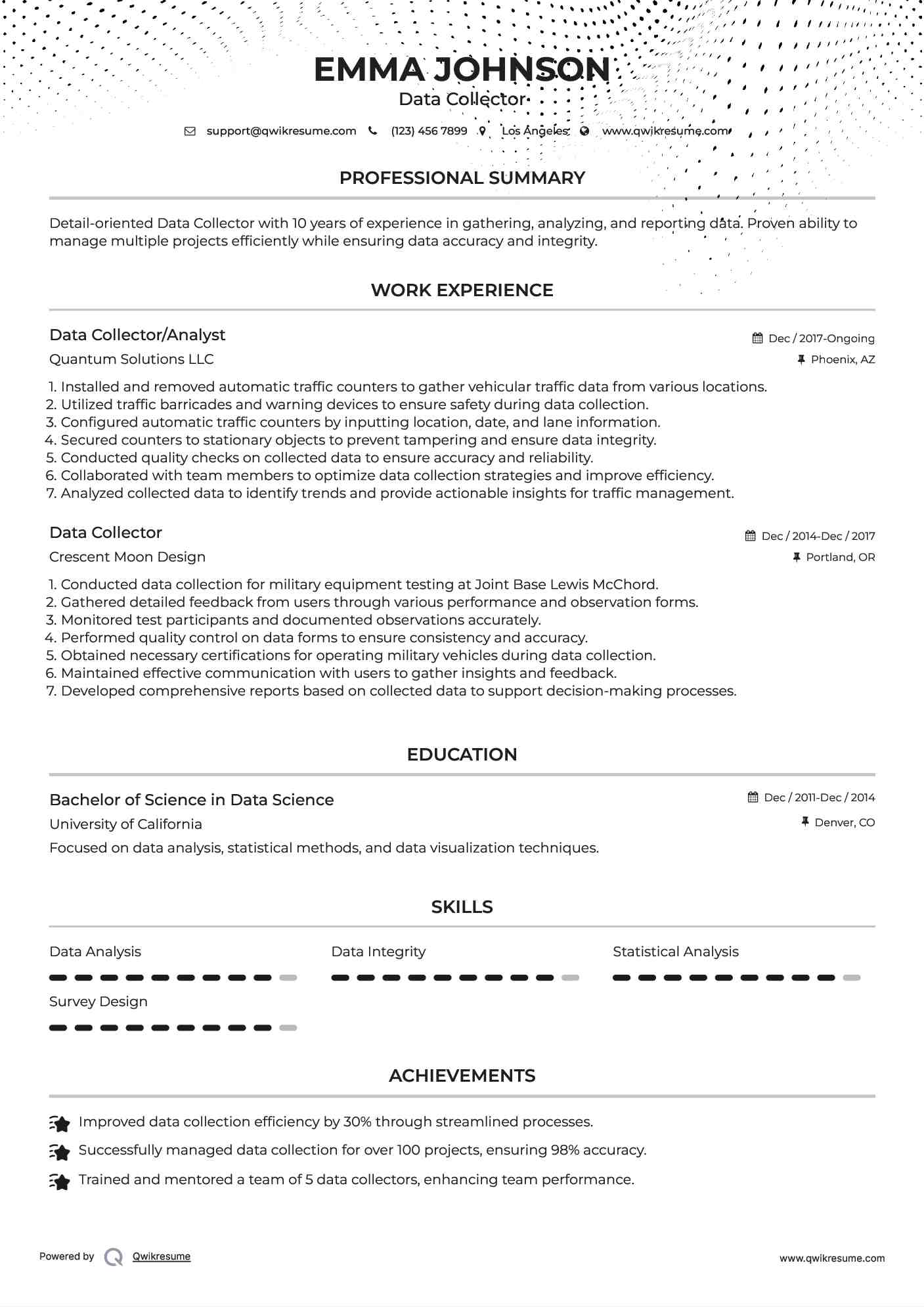 Data Collector/Analyst Resume Sample