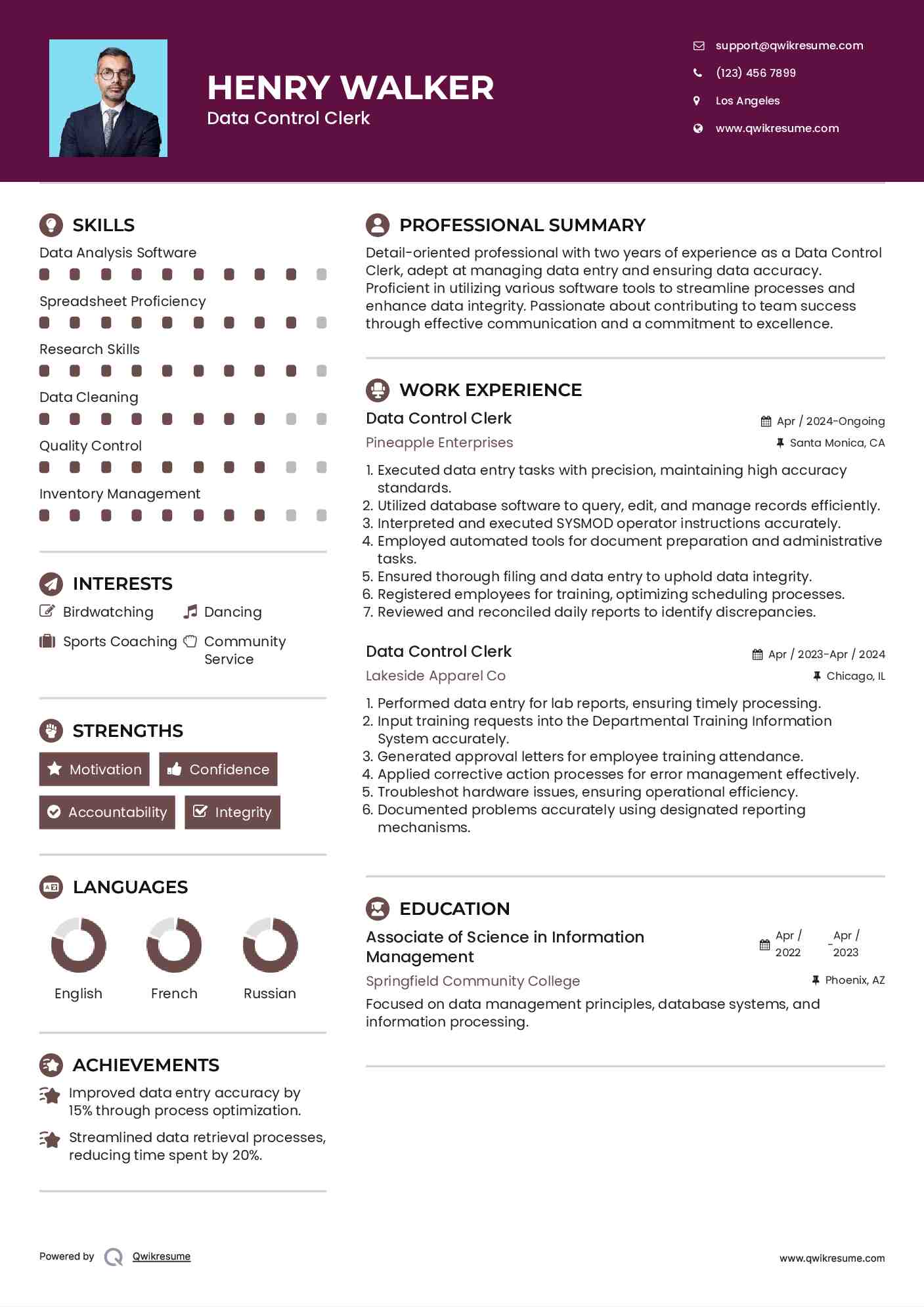 Data Control Clerk Resume Template