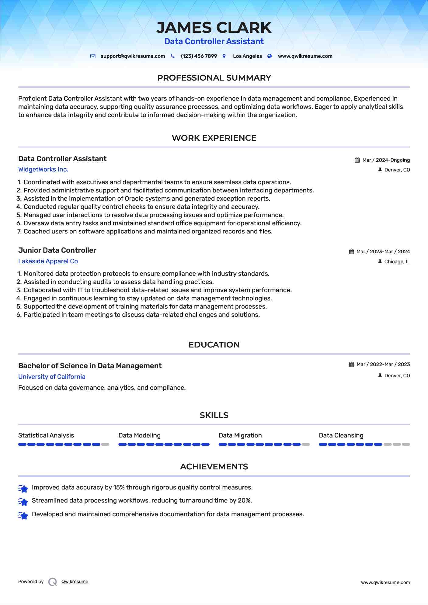 Data Controller Assistant Resume Sample
