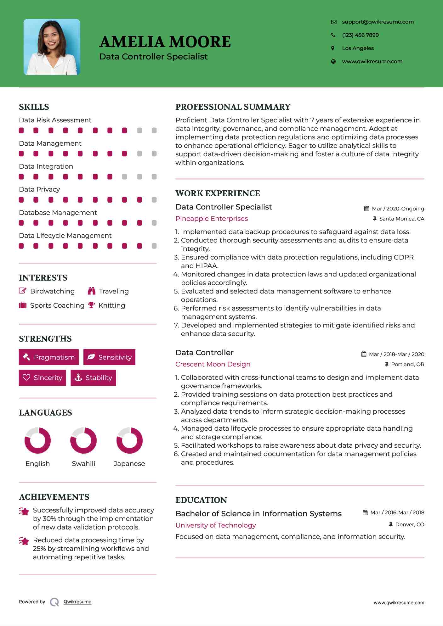 Data Controller Specialist Resume Model