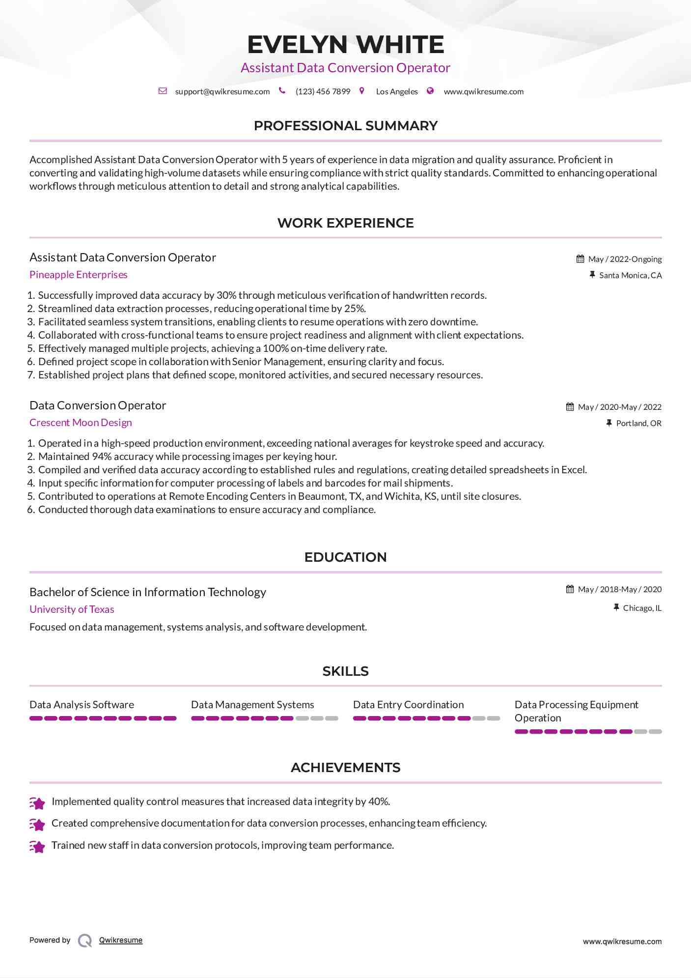 Assistant Data Conversion Operator Resume Sample
