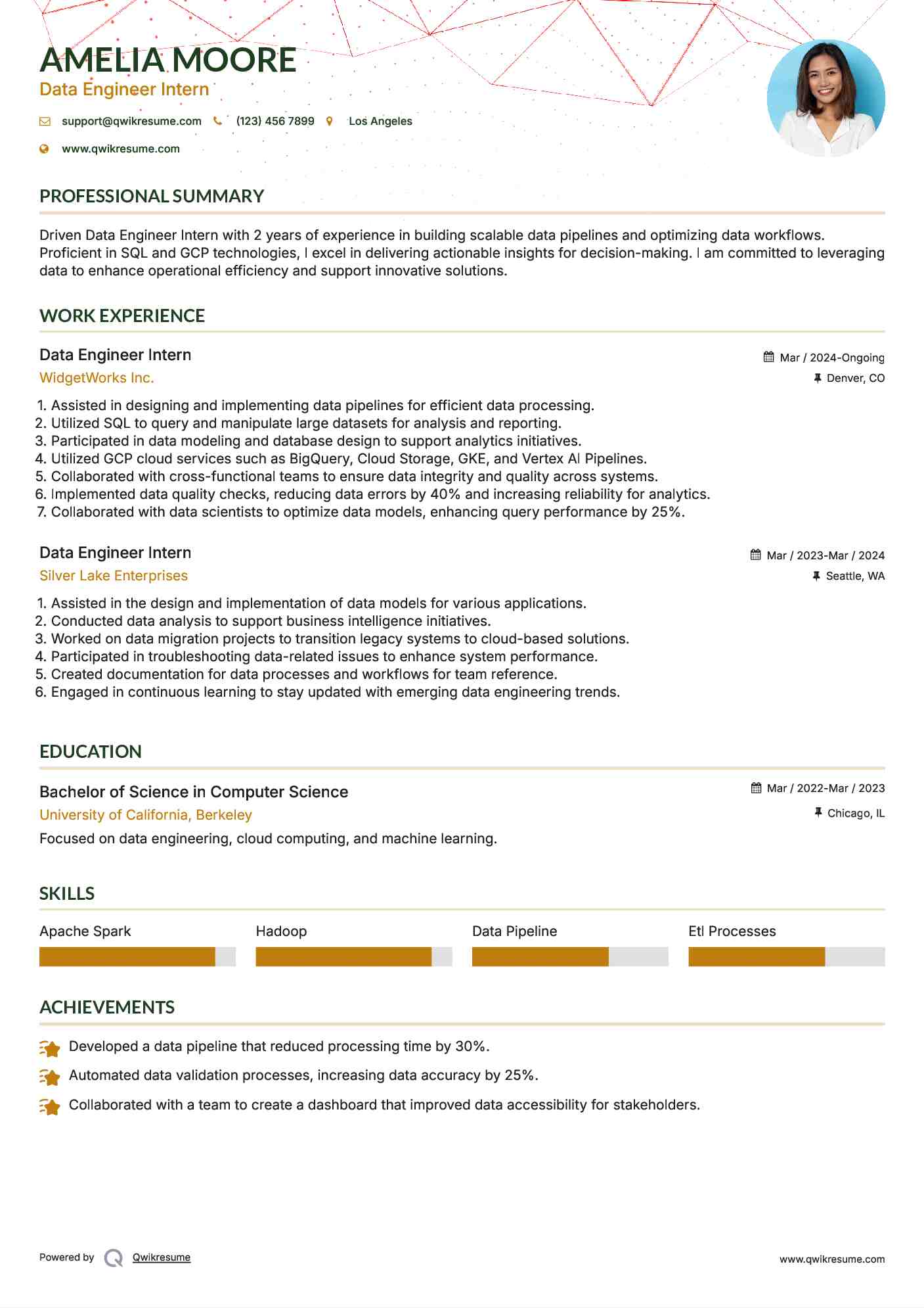 Data Engineer Intern Resume Sample