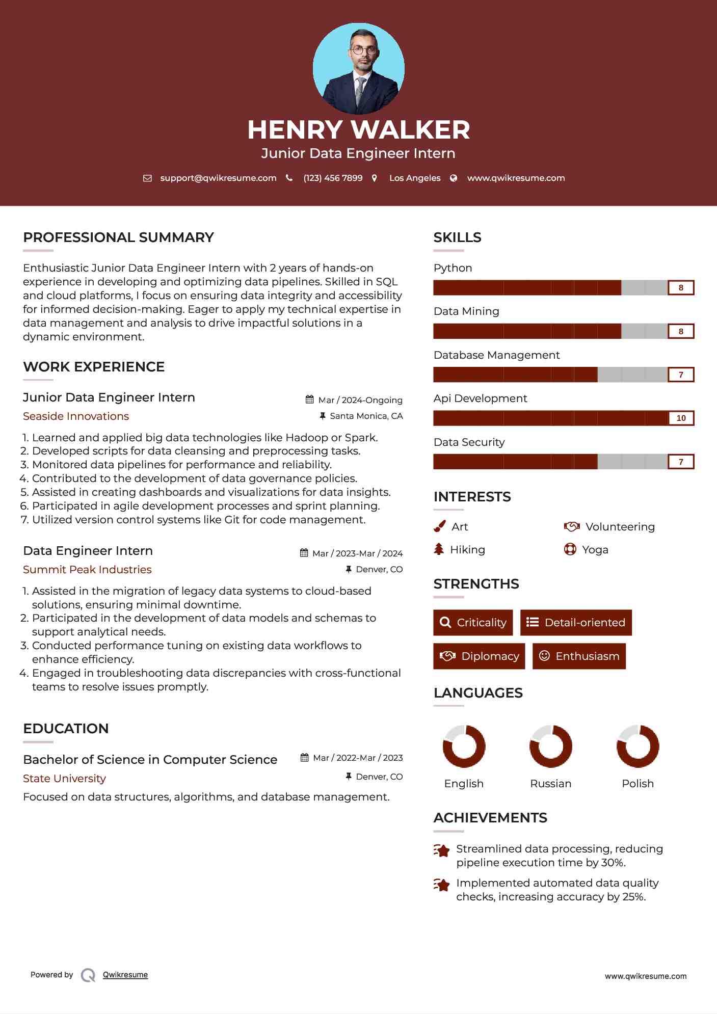 Junior Data Engineer Intern Resume Template