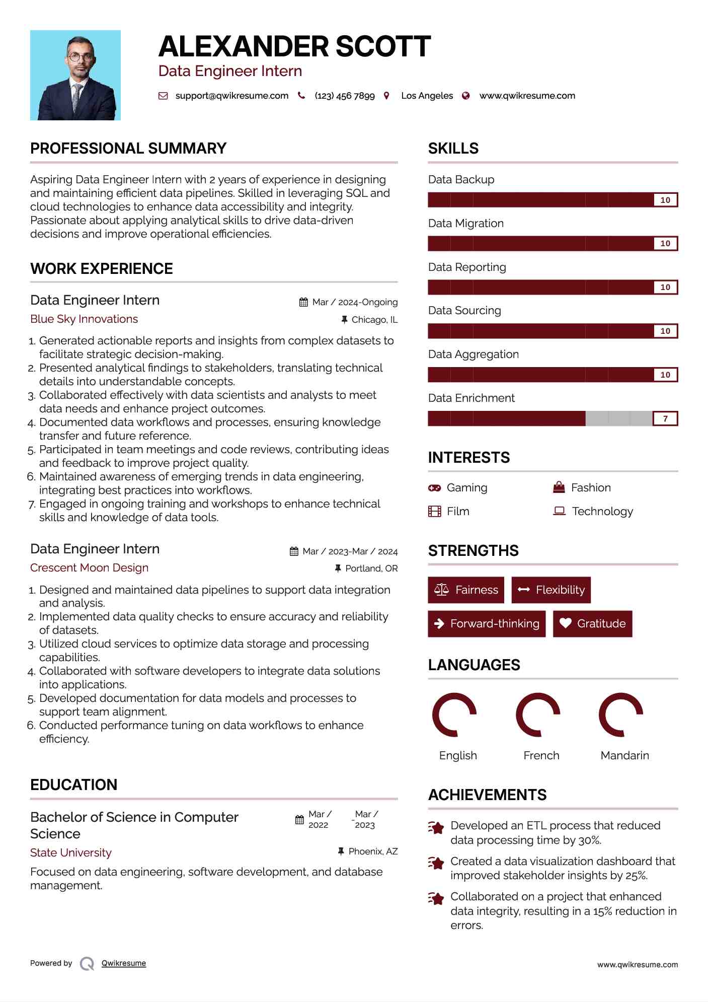 Data Engineer Intern Resume Example