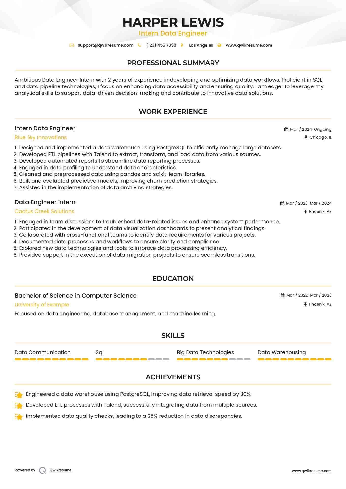 Intern Data Engineer Resume Sample