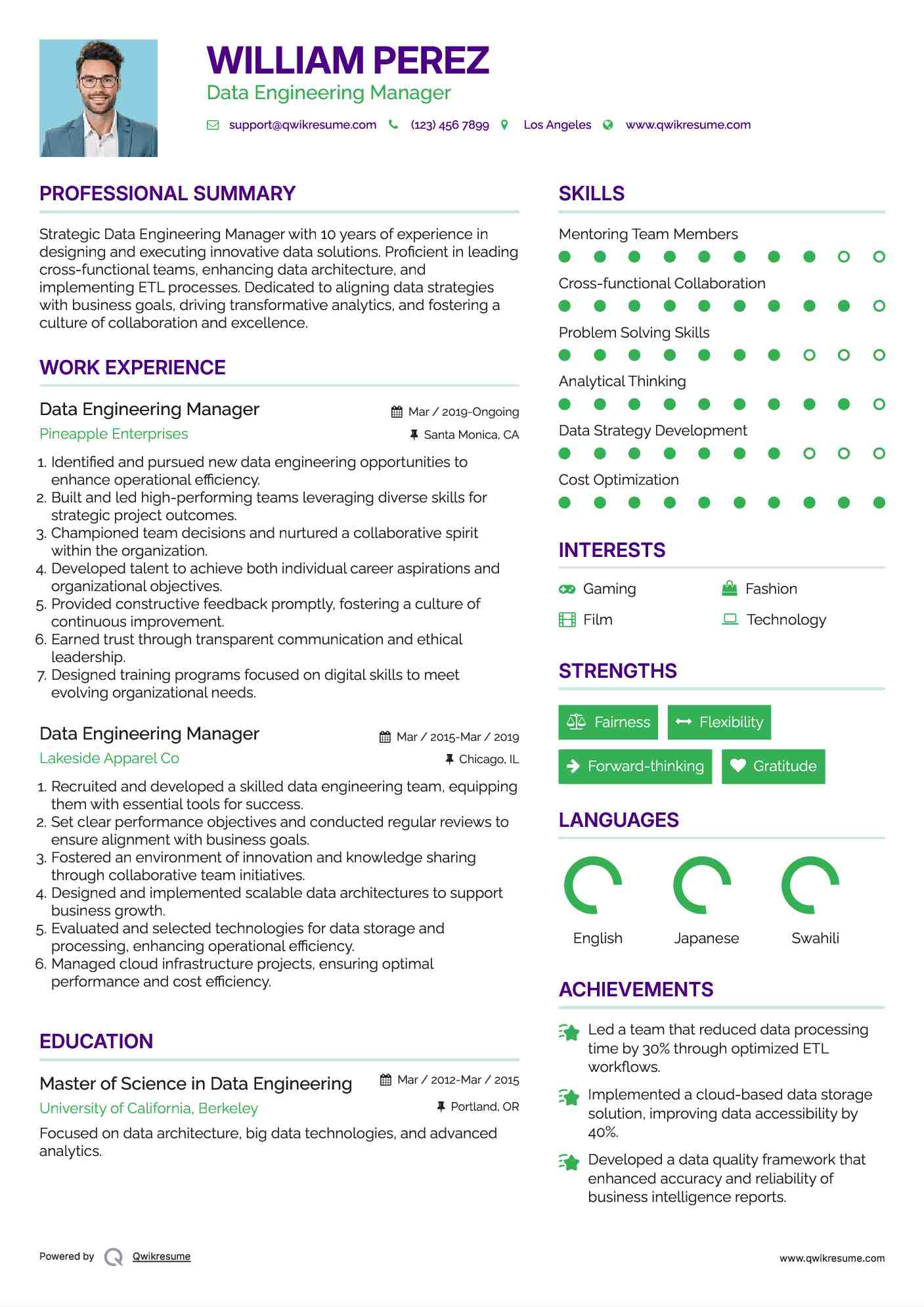 Data Engineering Manager Resume Model