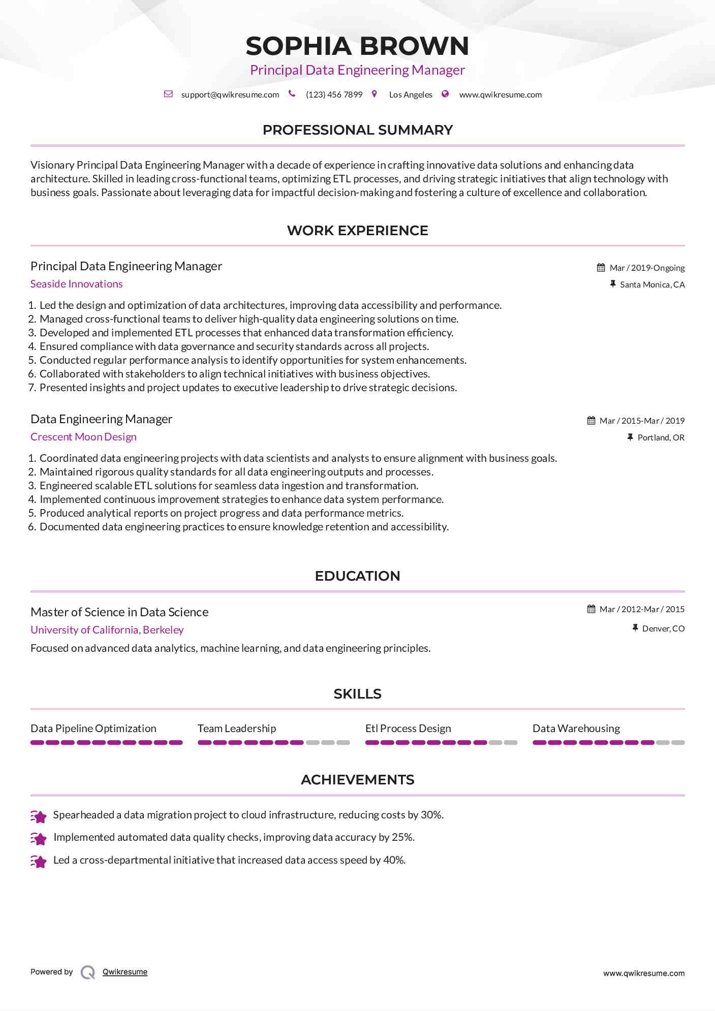 Principal Data Engineering Manager Resume Example