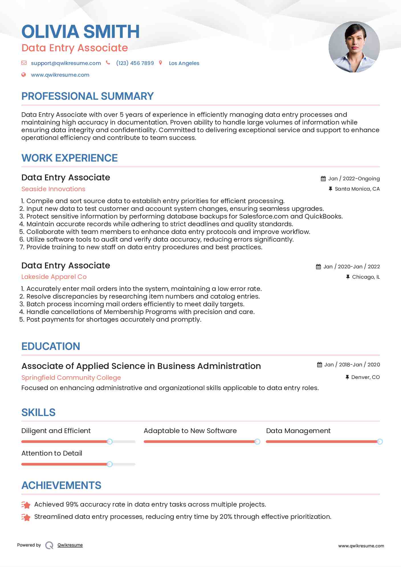 Data Entry Associate Resume Sample