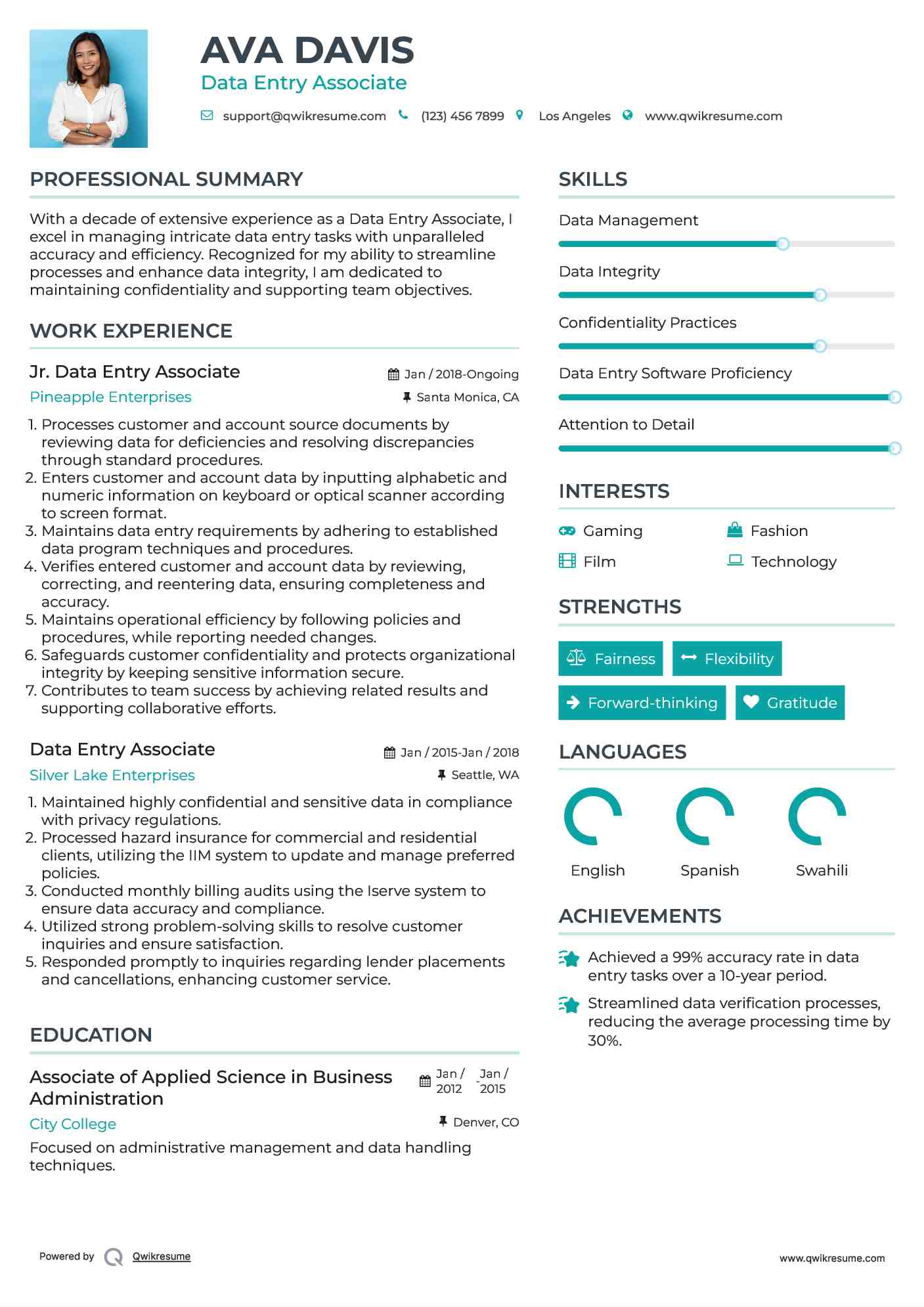 Jr. Data Entry Associate Resume Template