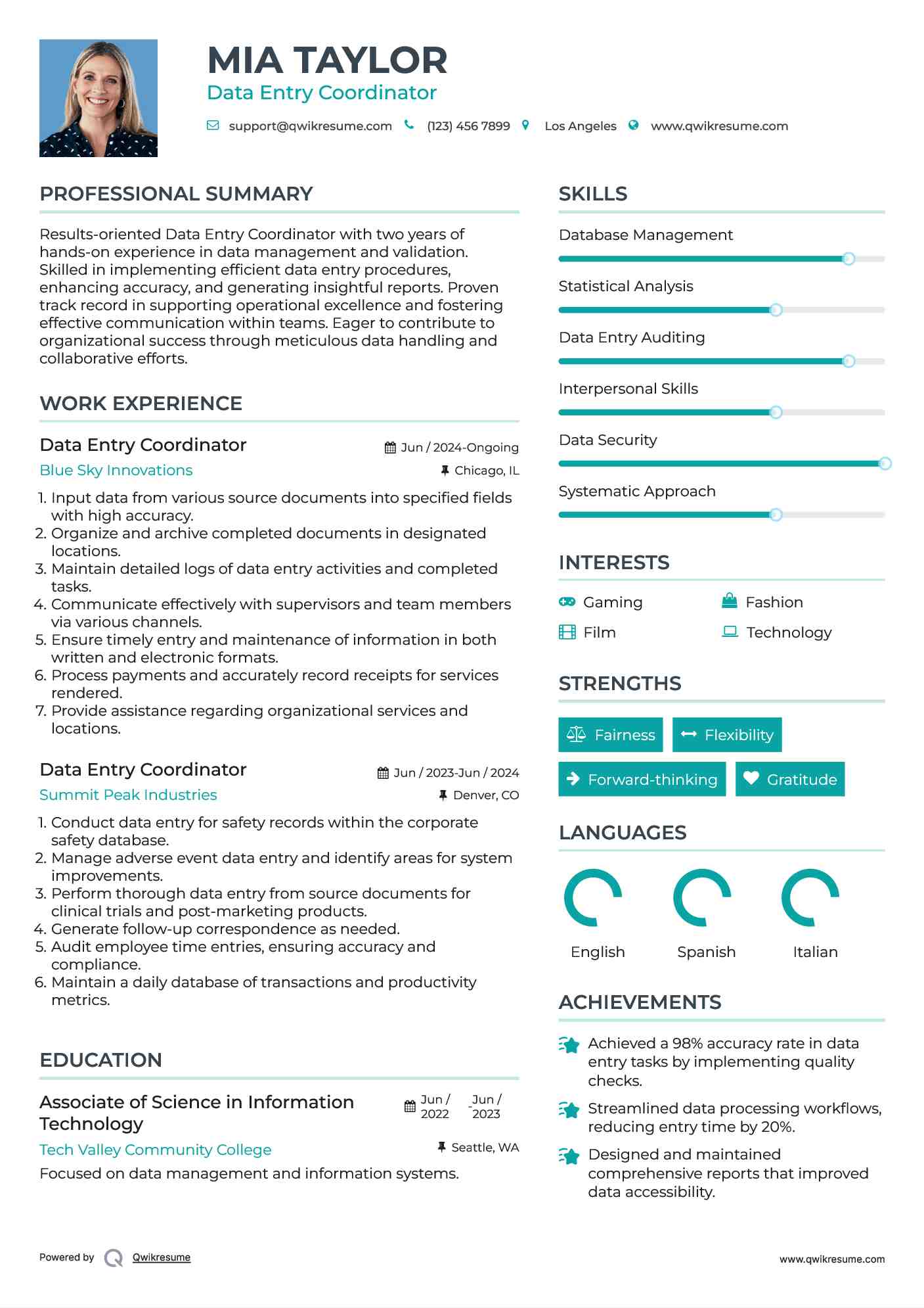 Data Entry Coordinator Resume Sample