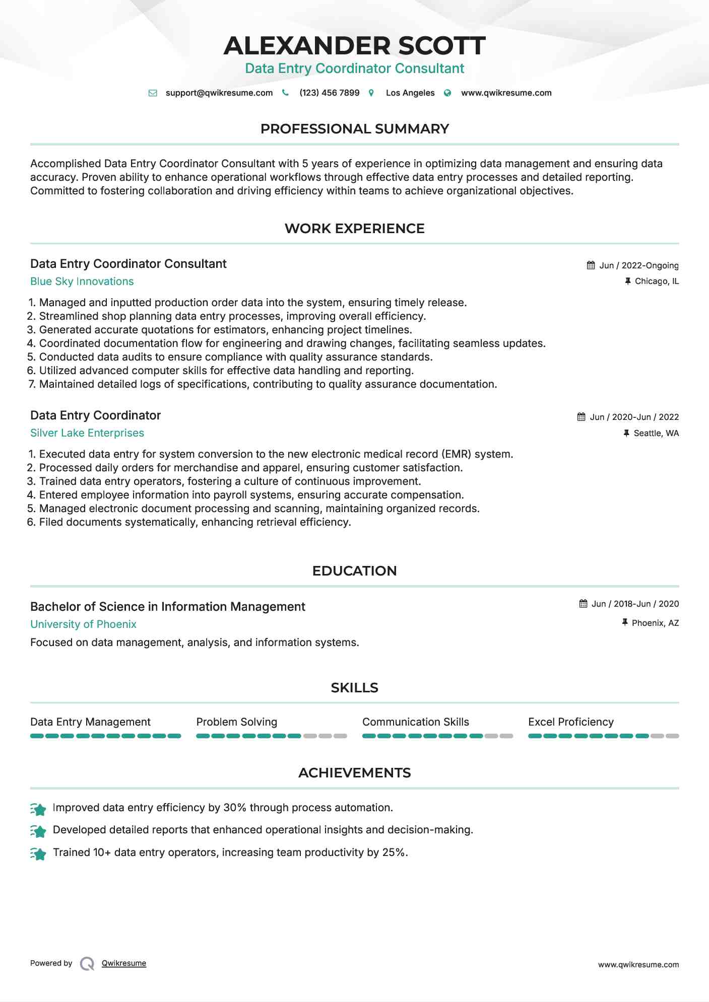 Data Entry Coordinator Consultant Resume Example