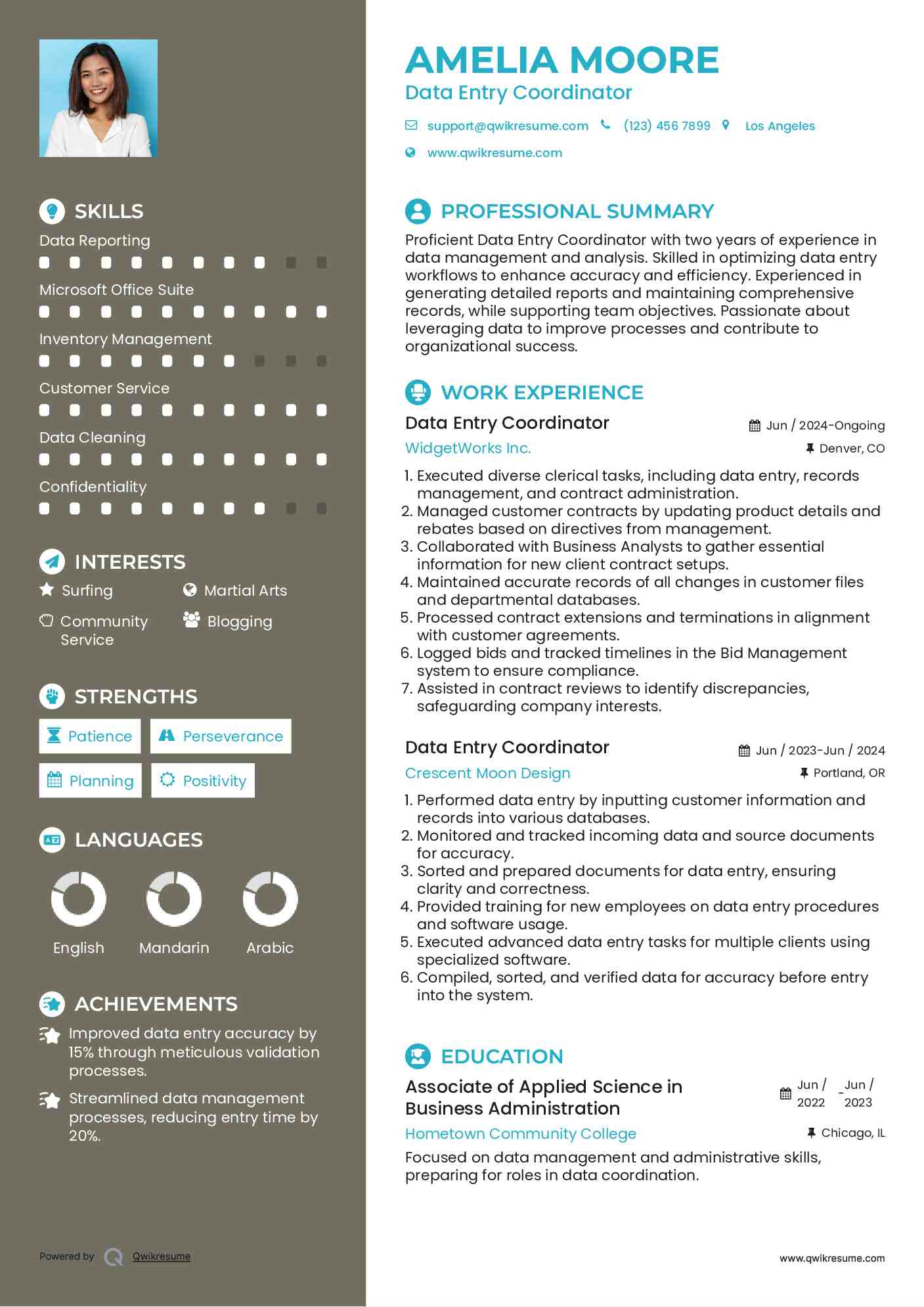 Data Entry Coordinator Resume Sample