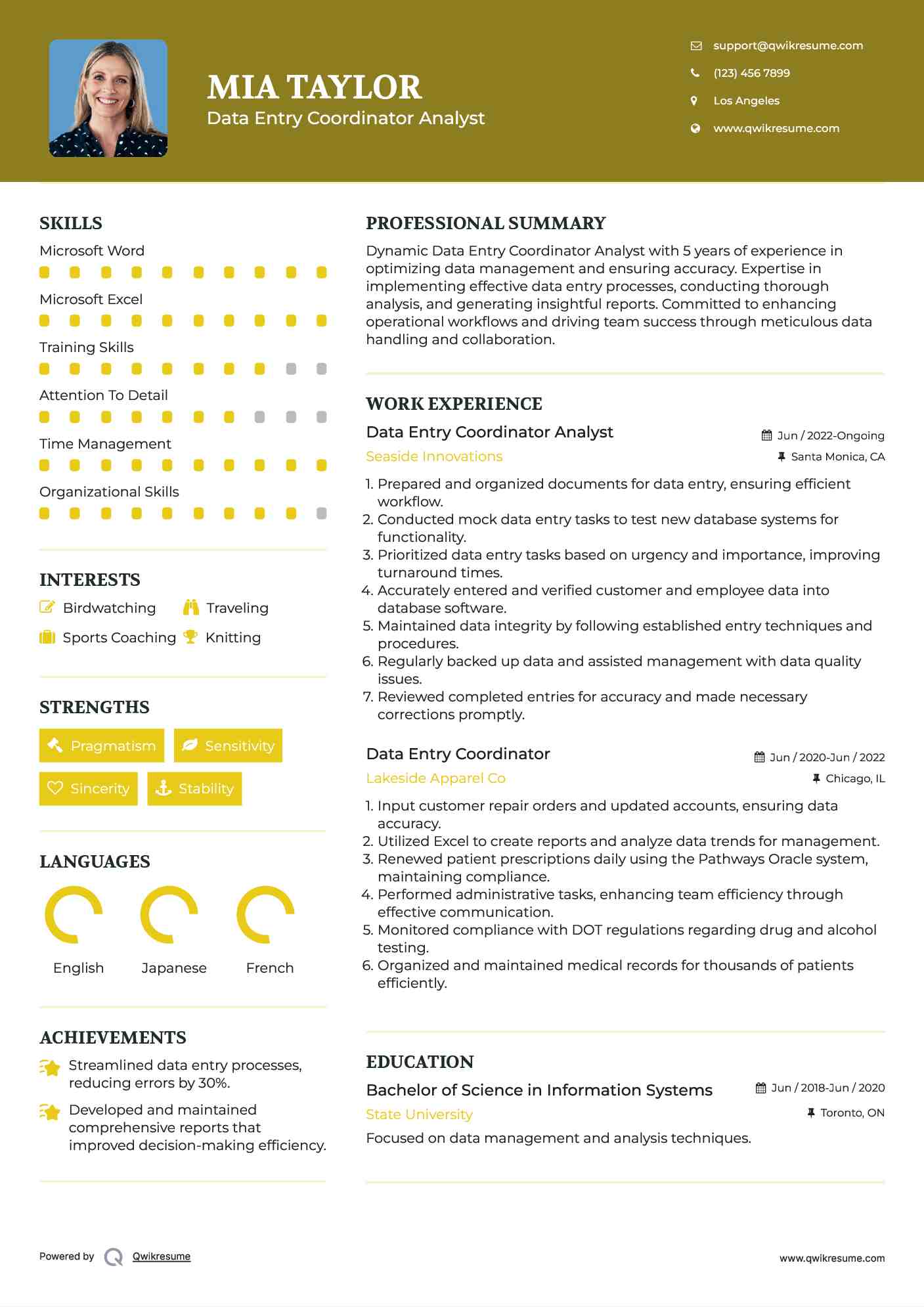 Data Entry Coordinator Analyst Resume Example