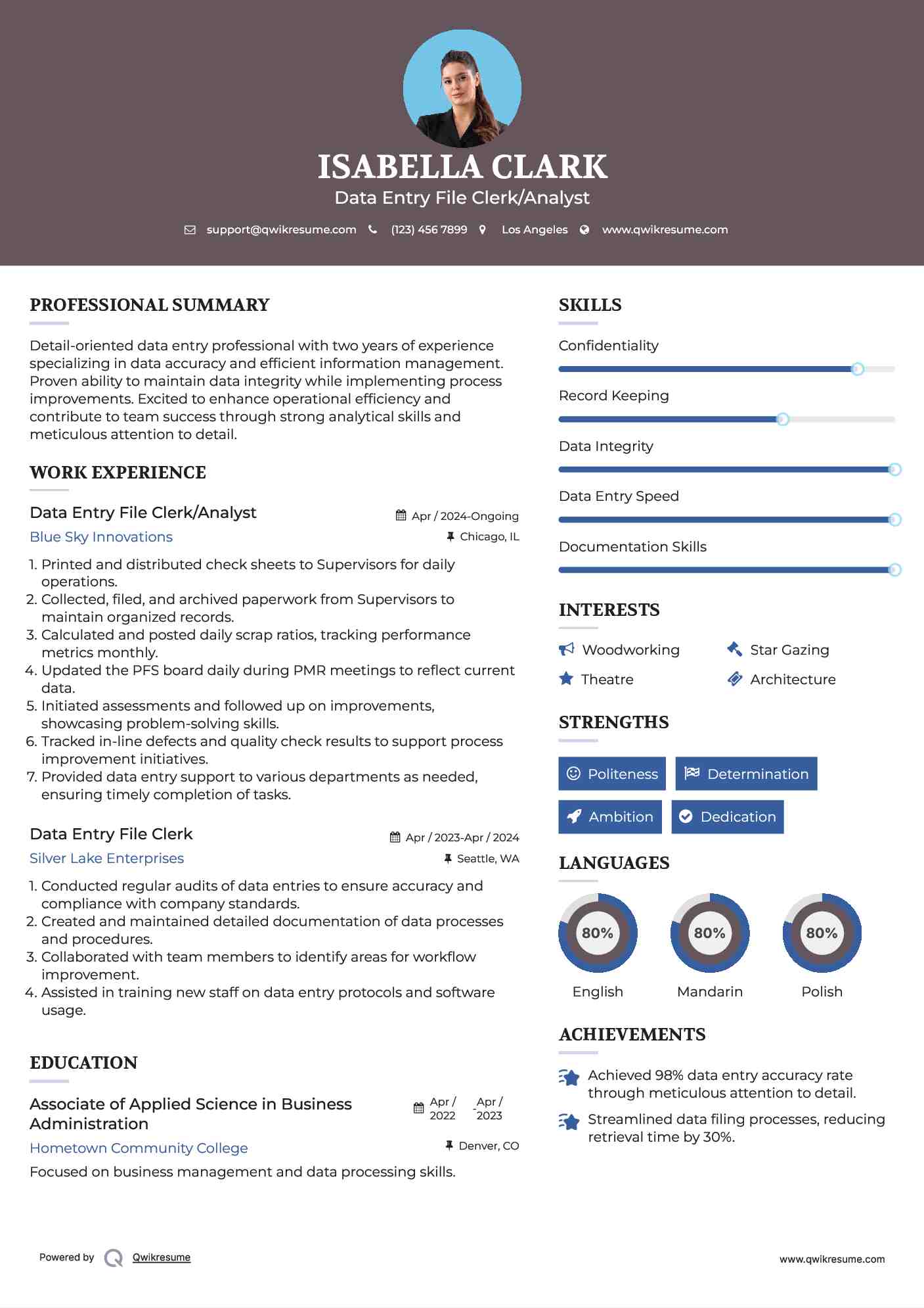 Data Entry File Clerk/Analyst Resume Example