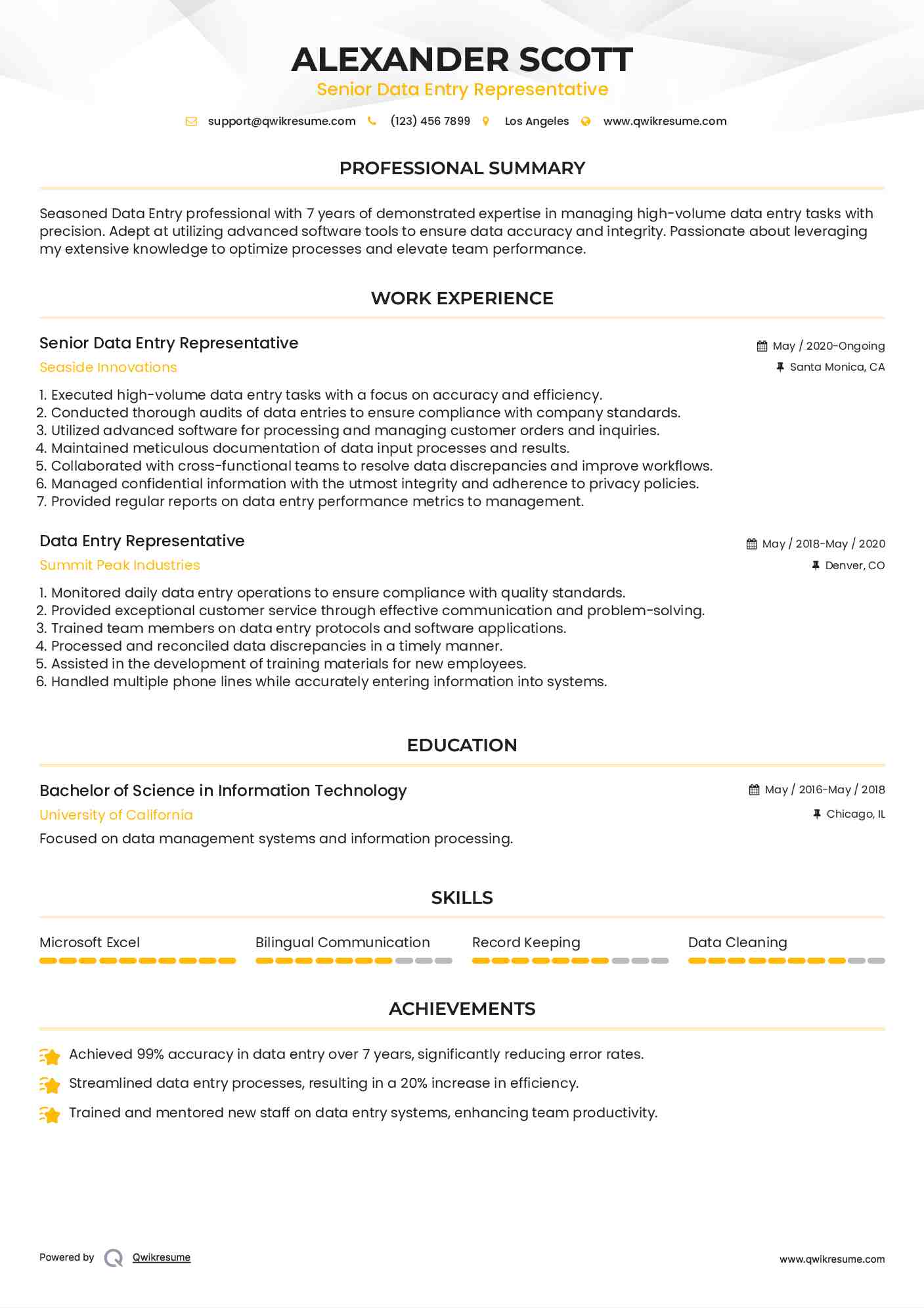 Senior Data Entry Representative Resume Model