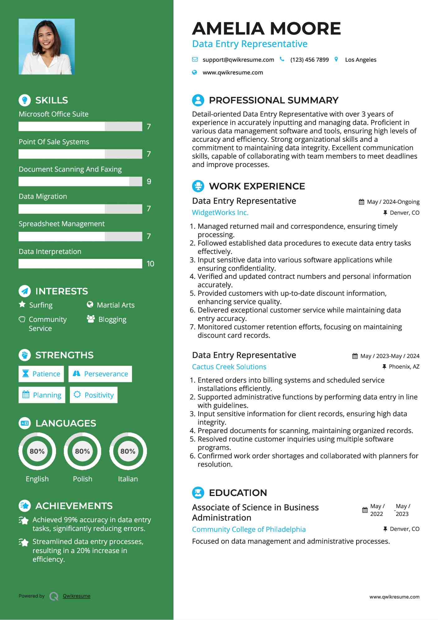 Data Entry Representative Resume Example