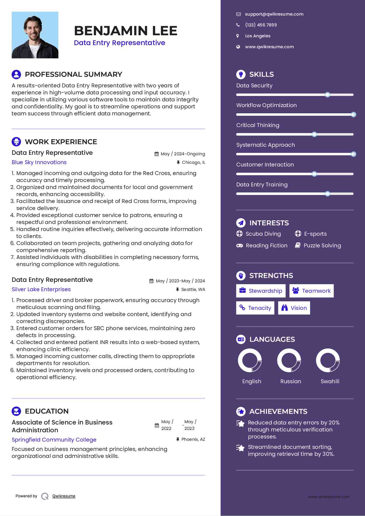 Data Entry Representative Resume Format
