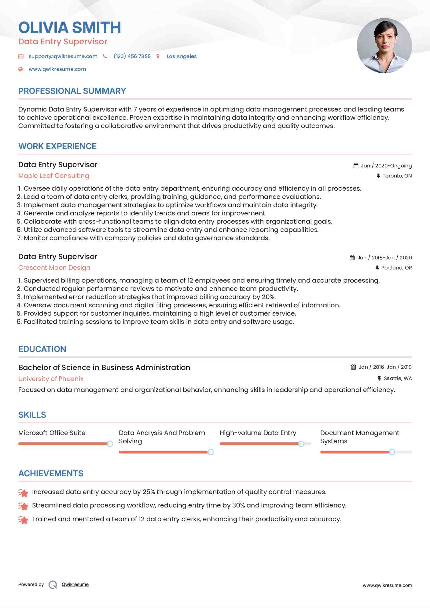 Data Entry Supervisor Resume Example