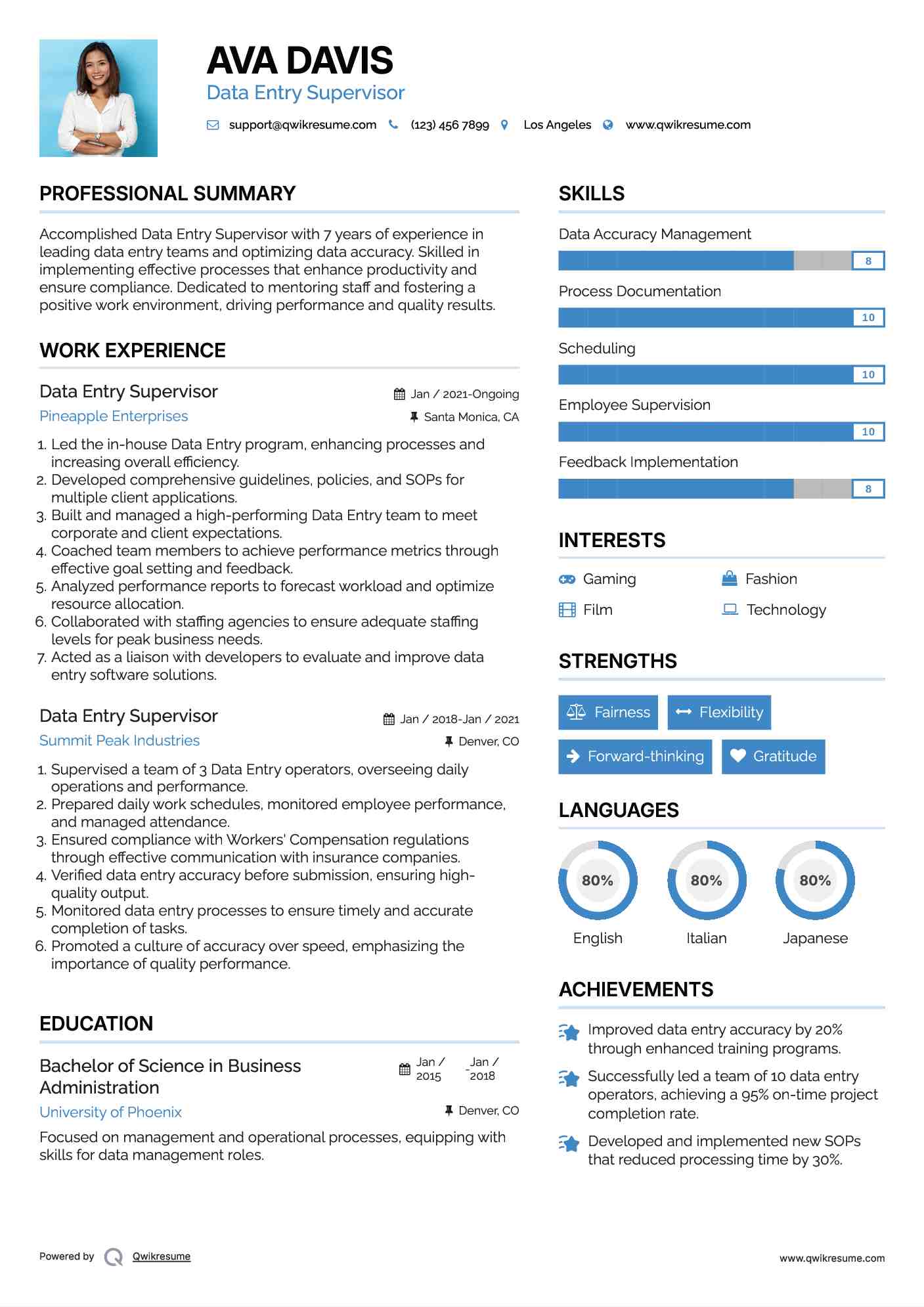 Data Entry Supervisor Resume Example