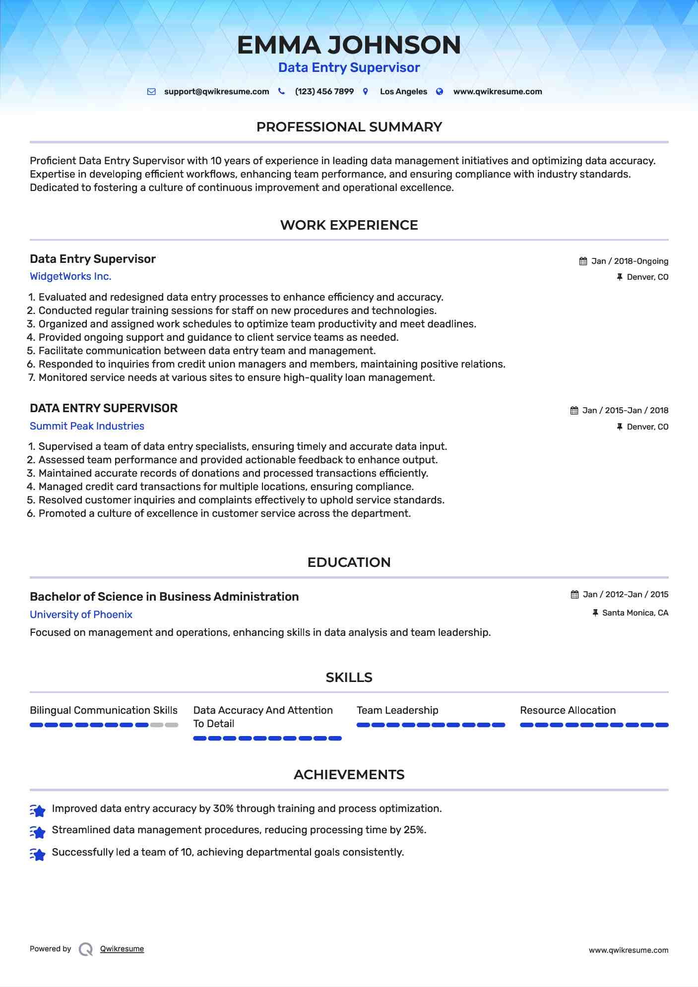 Data Entry Supervisor Resume Sample