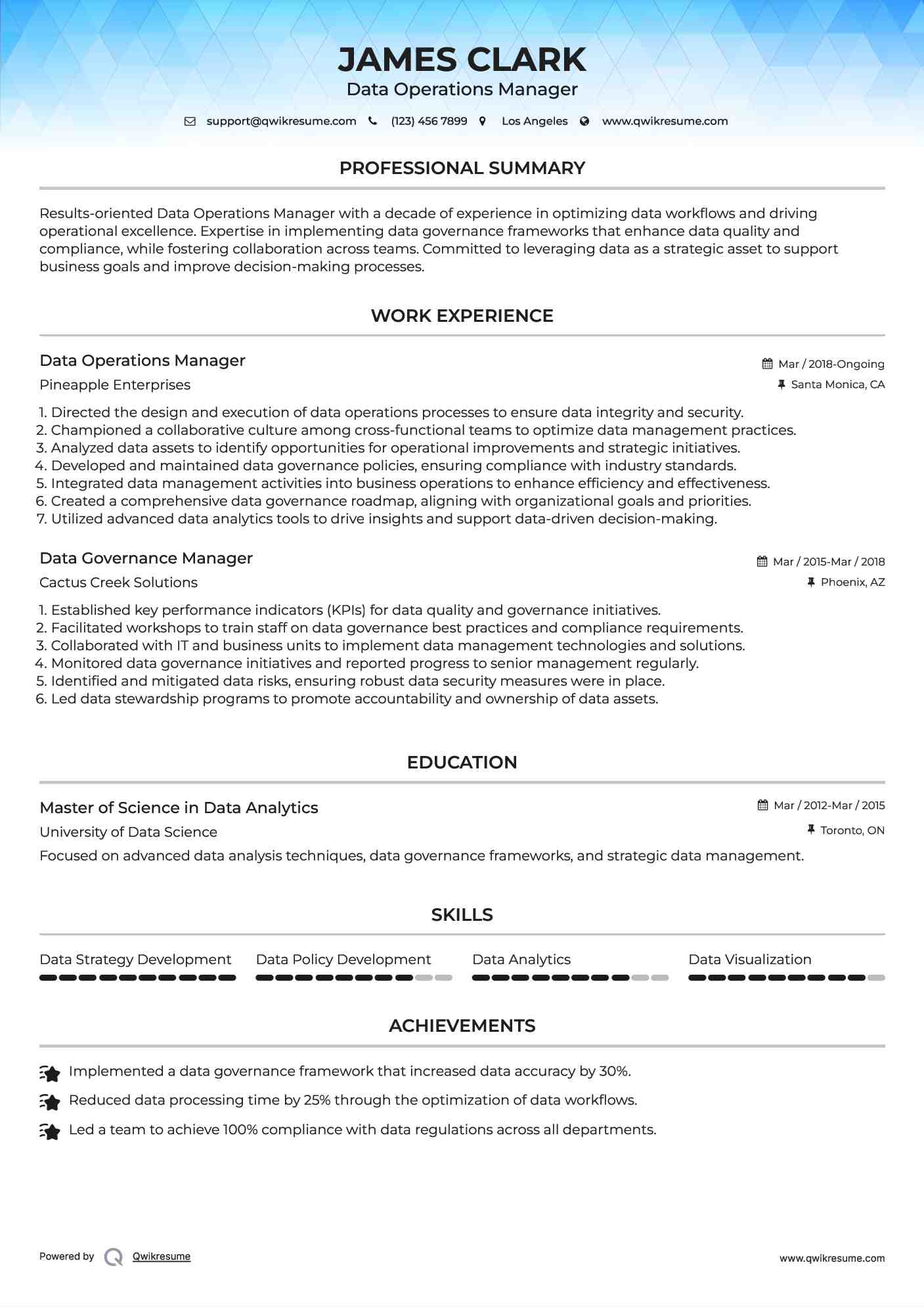 Data Operations Manager Resume Model