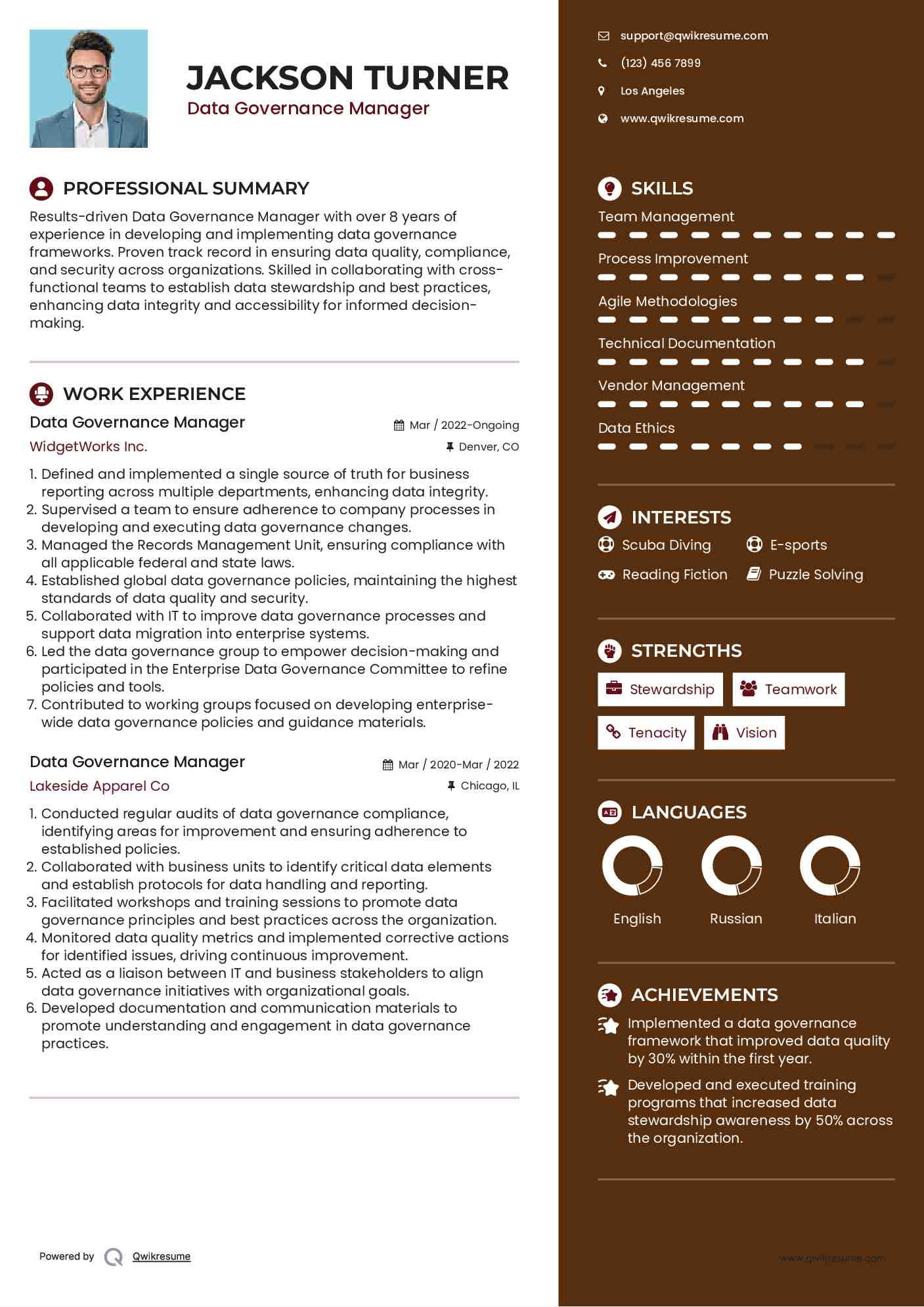 Data Governance Manager Resume Model