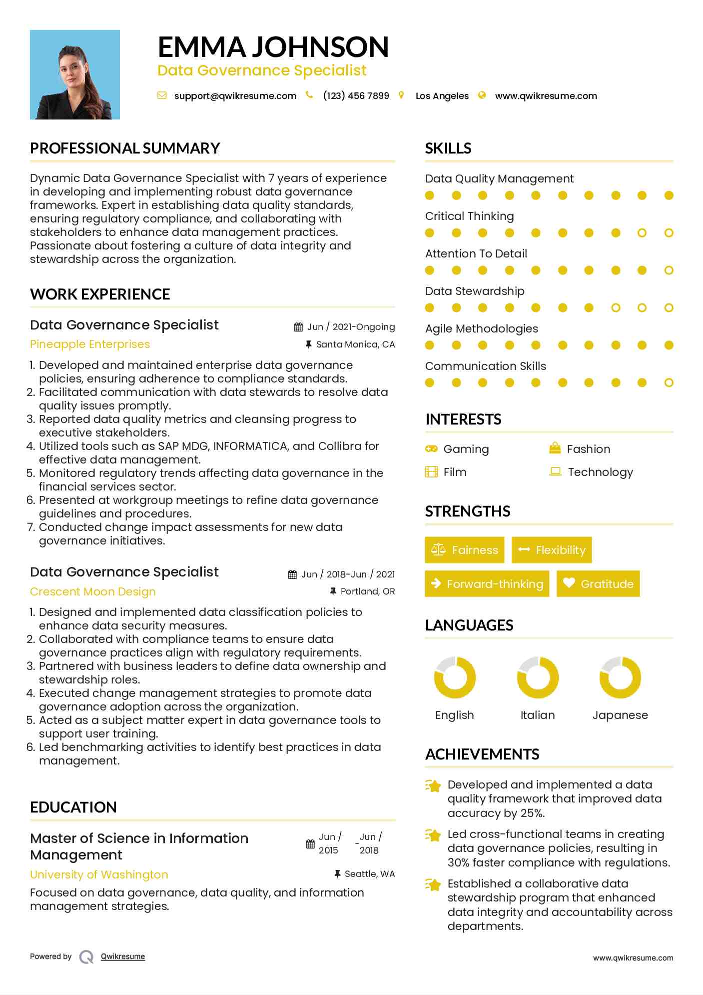 Data Governance Specialist Resume Model