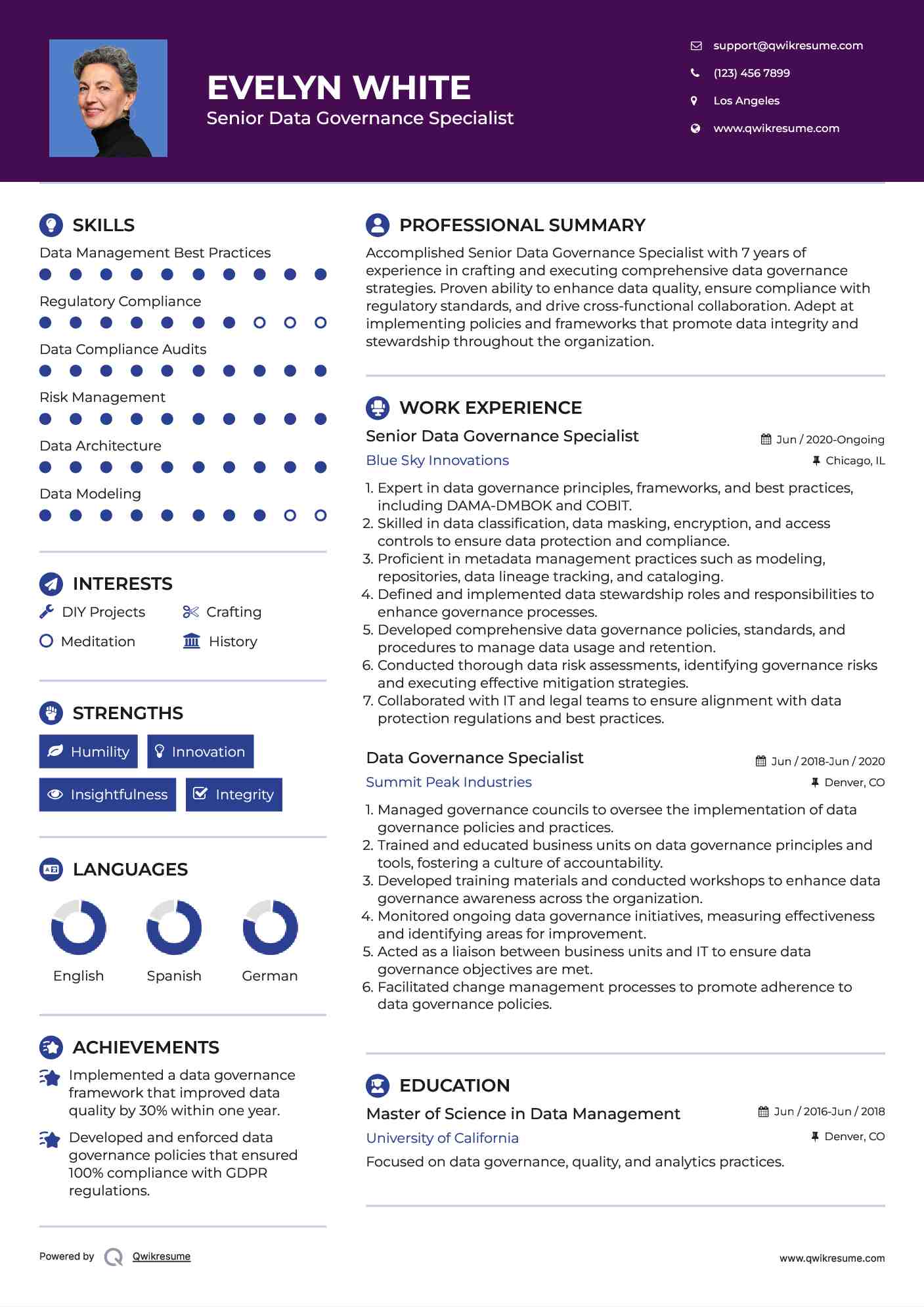 Senior Data Governance Specialist Resume Example