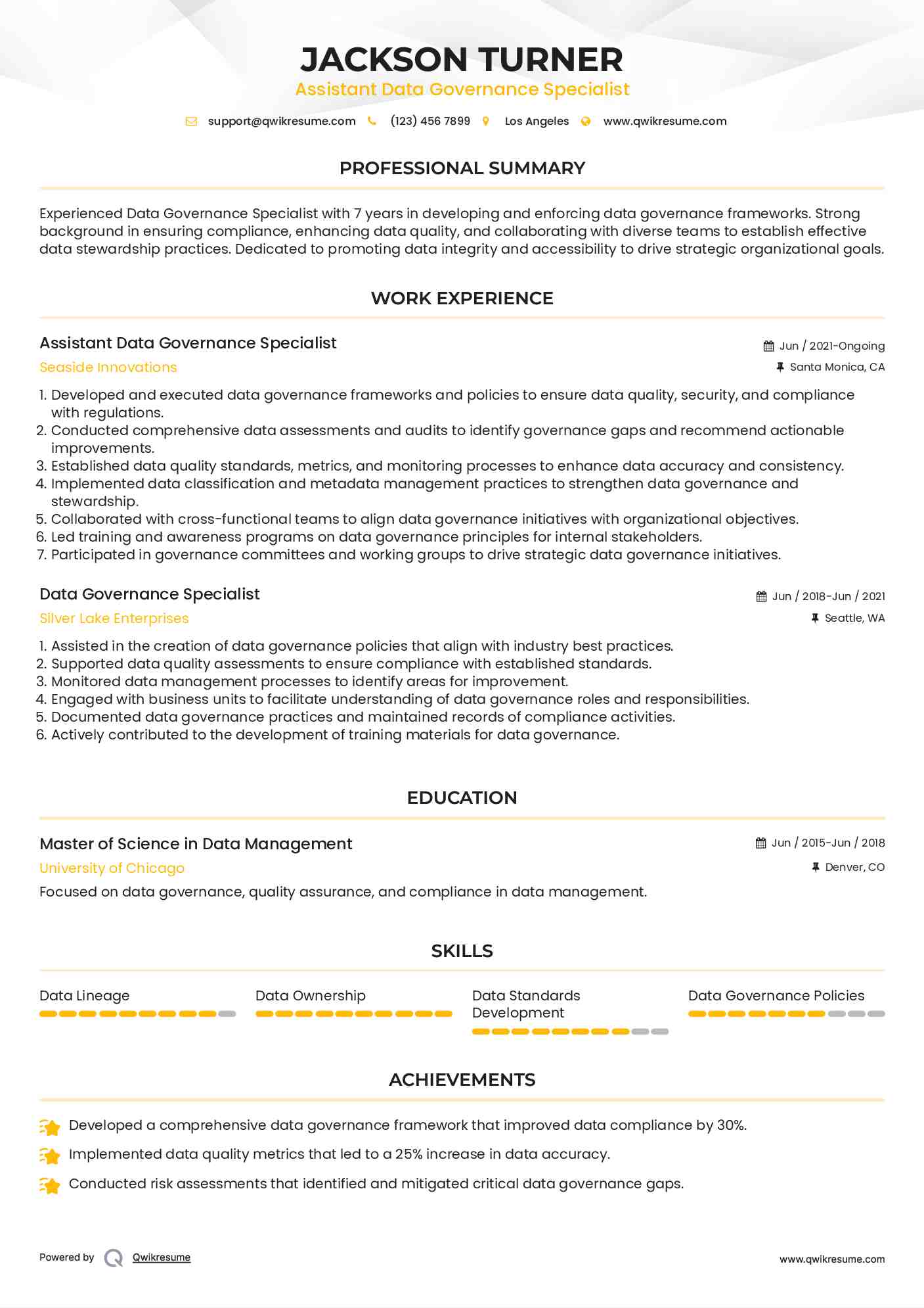 Assistant Data Governance Specialist Resume Format