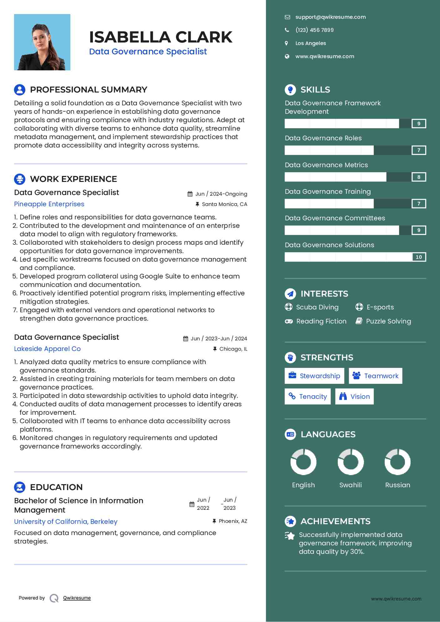 Data Governance Specialist Resume Sample