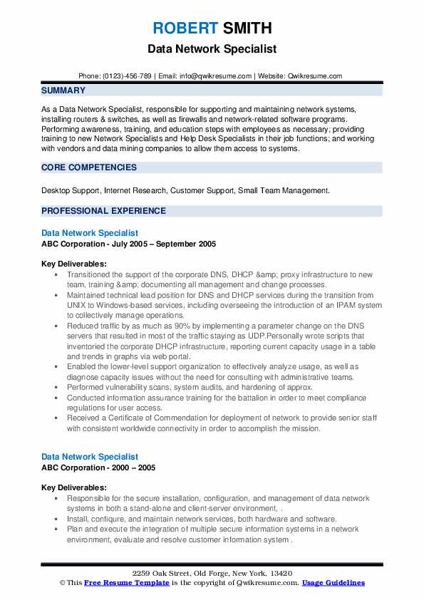 Data Network Specialist Resume Samples QwikResume