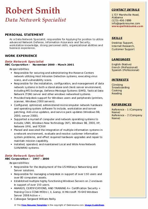 Data Network Specialist Resume Samples QwikResume