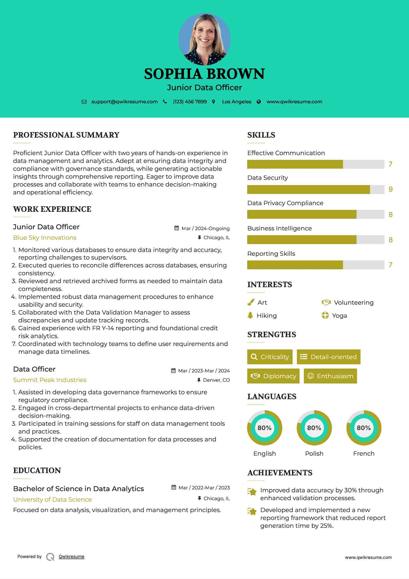 Junior Data Officer Resume Model