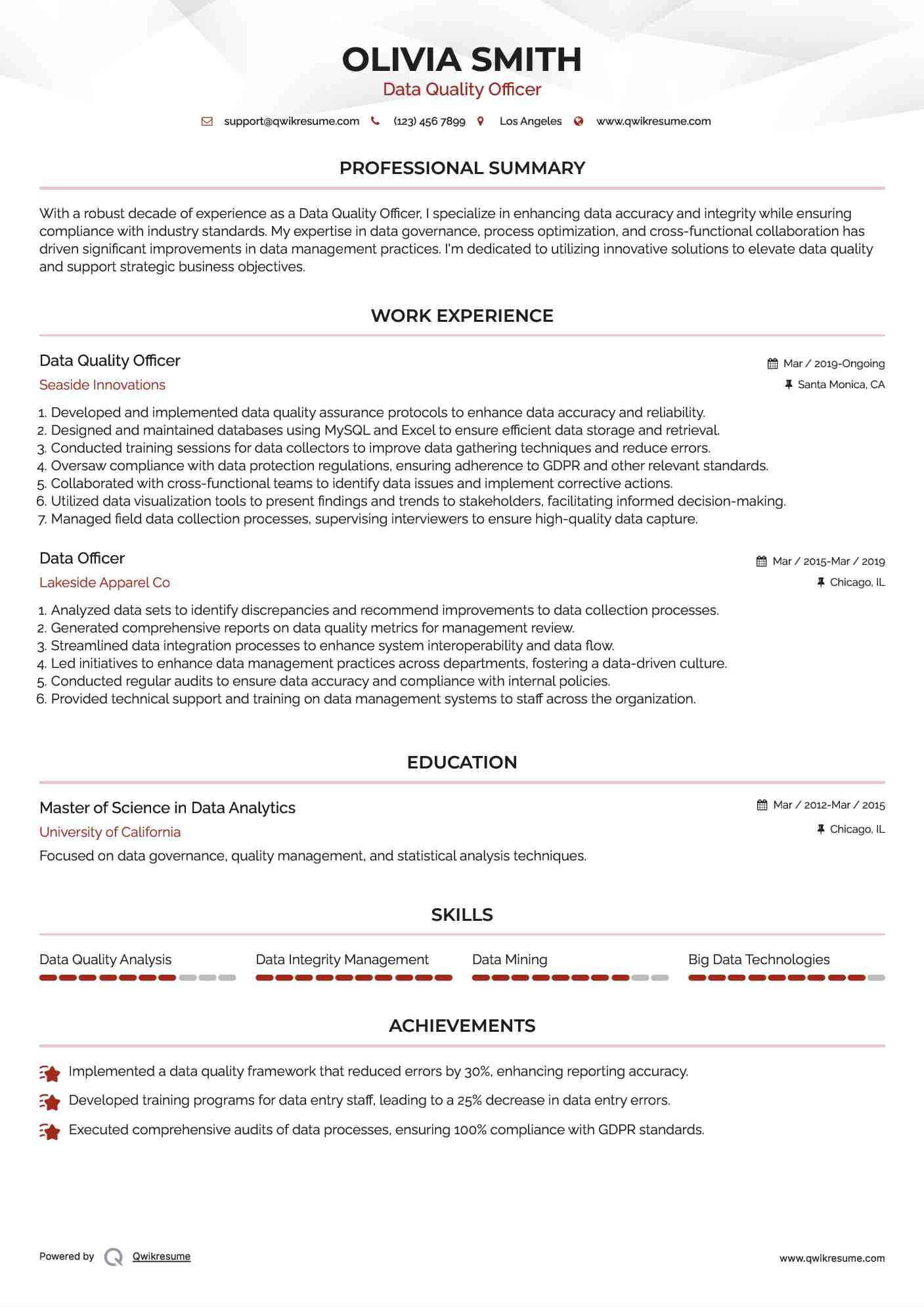 Data Quality Officer Resume Model
