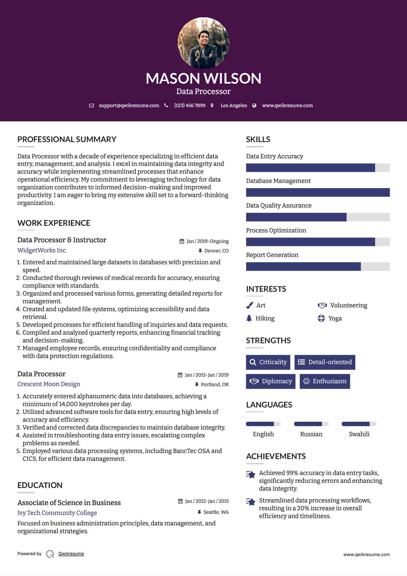 Data Processor & Instructor Resume Model