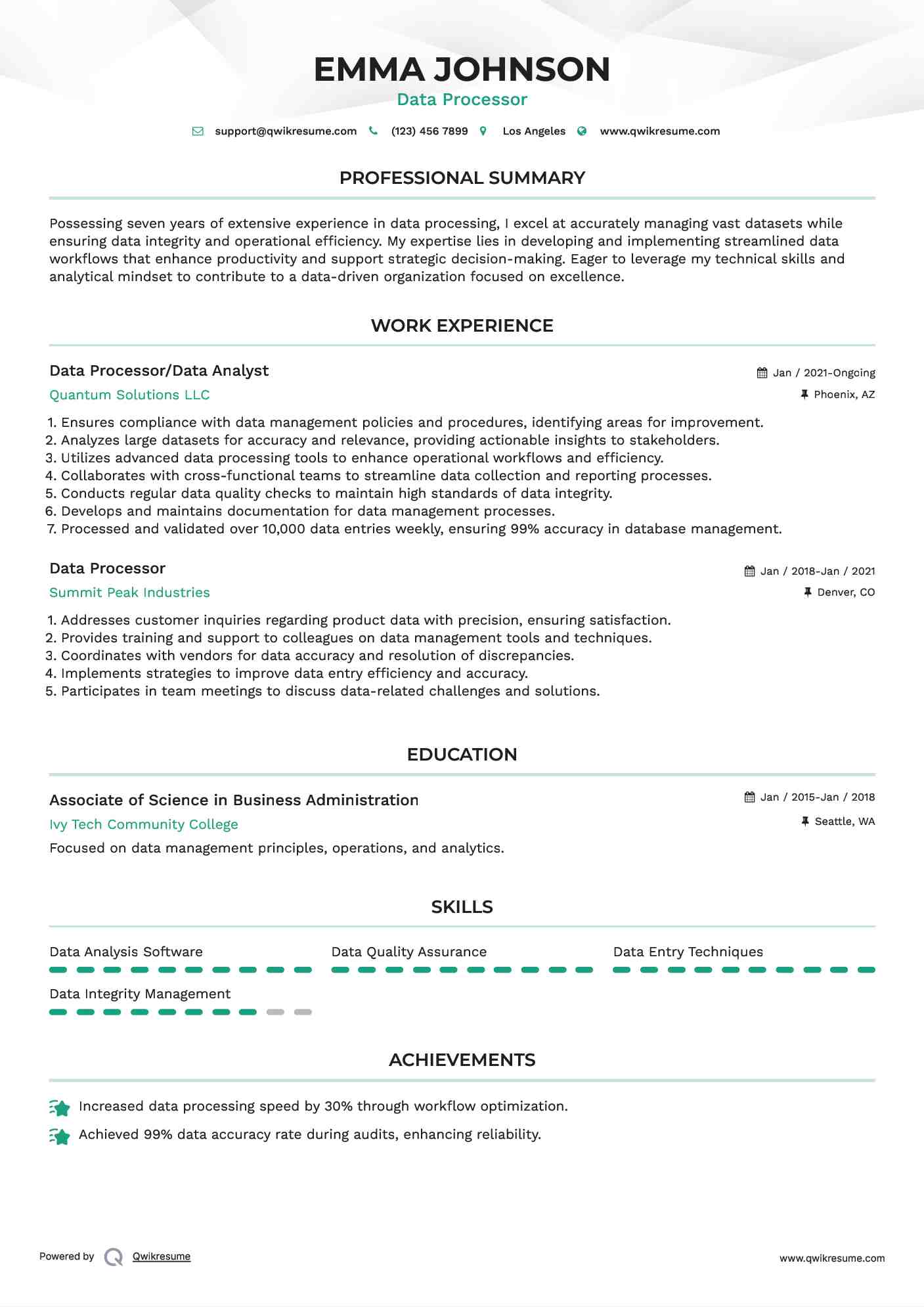 Data Processor/Data Analyst Resume Sample