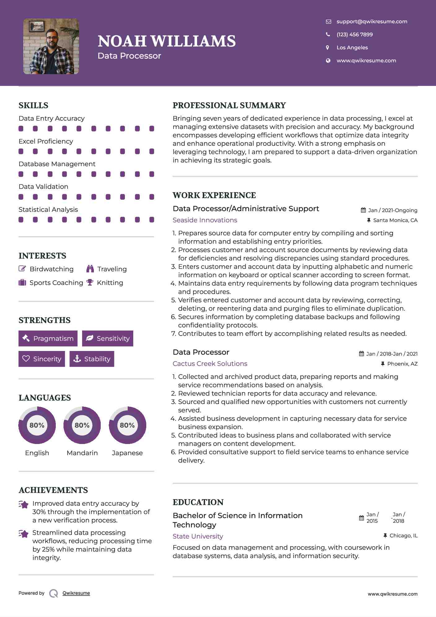 Data Processor/Administrative Support Resume Format
