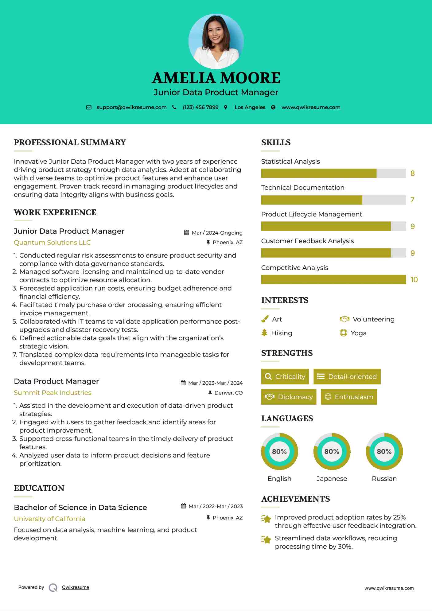 Junior Data Product Manager Resume Template