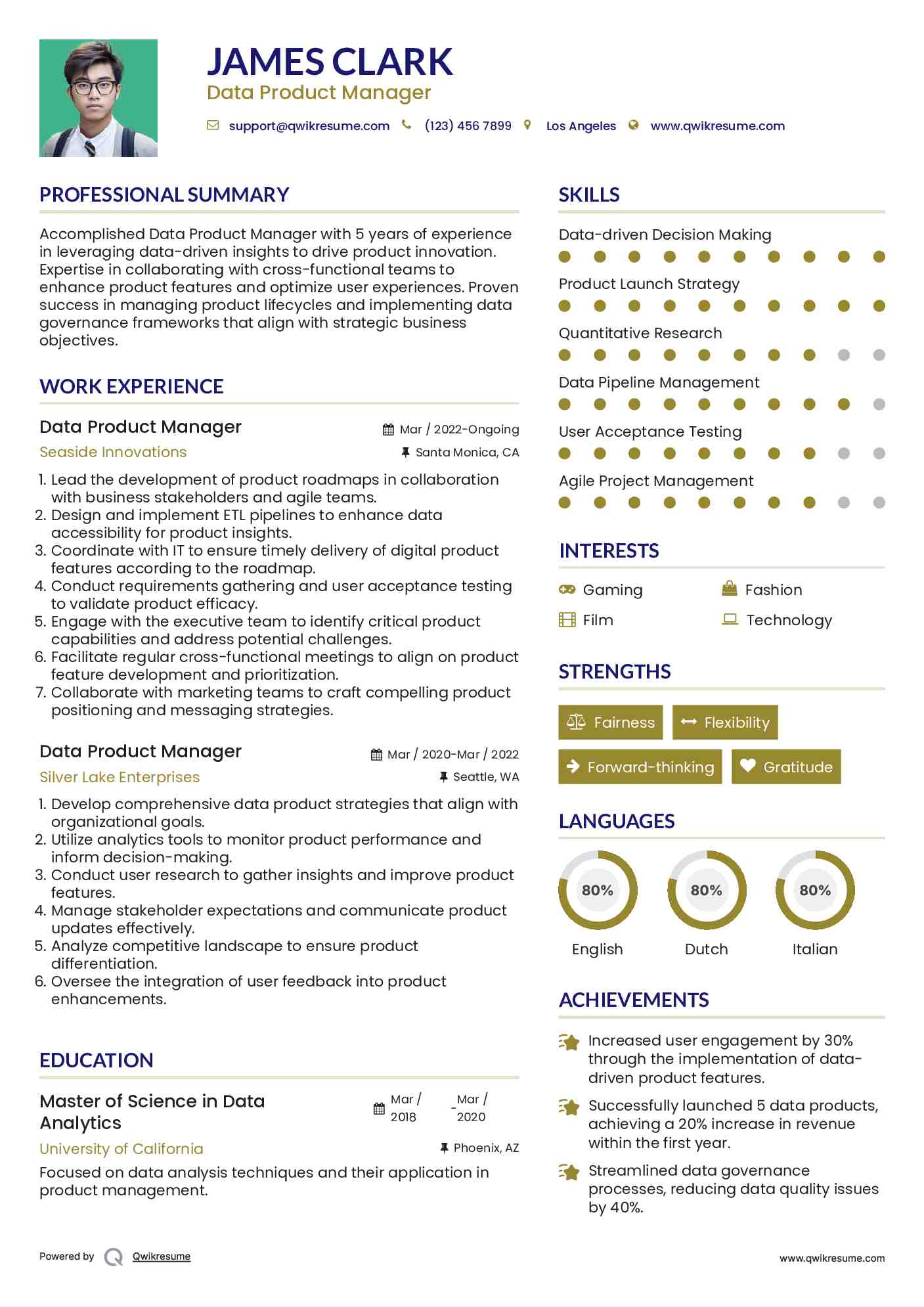 Data Product Manager Resume Example