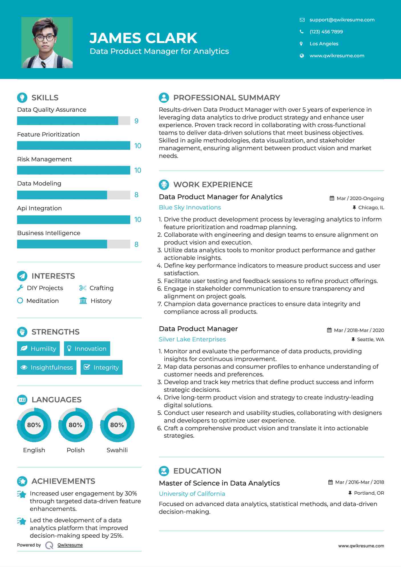 Data Product Manager for Analytics Resume Sample