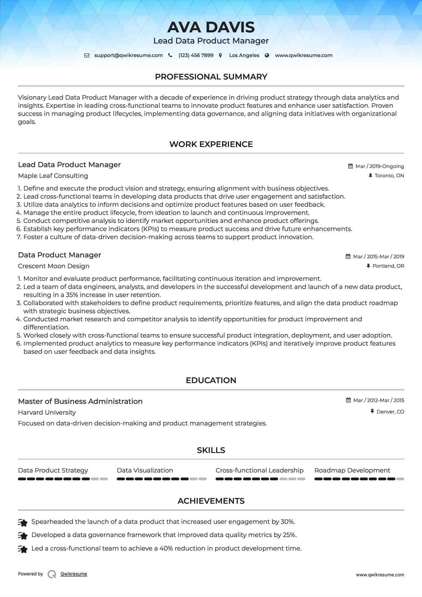 Lead Data Product Manager Resume Format