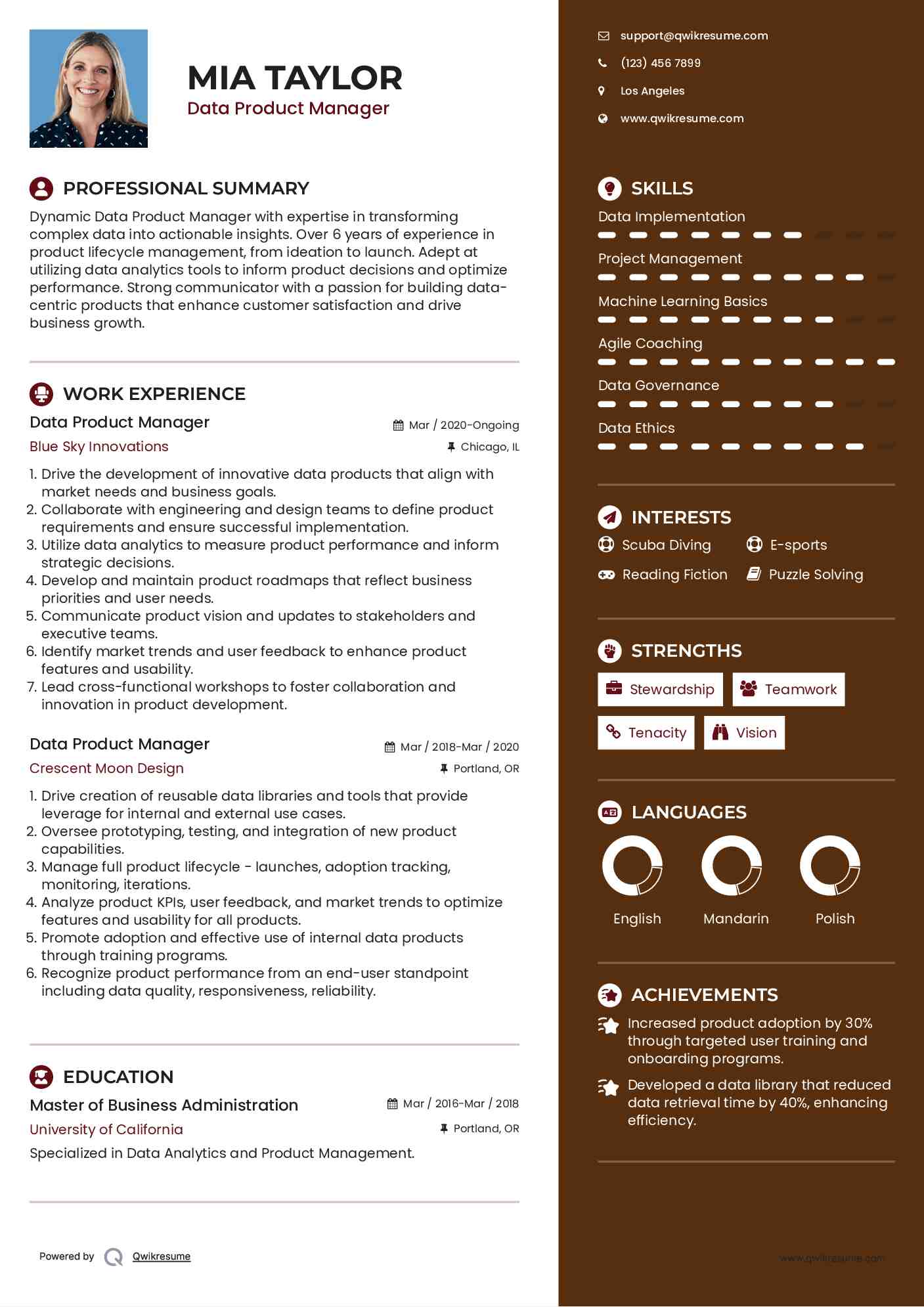 Data Product Manager Resume Example