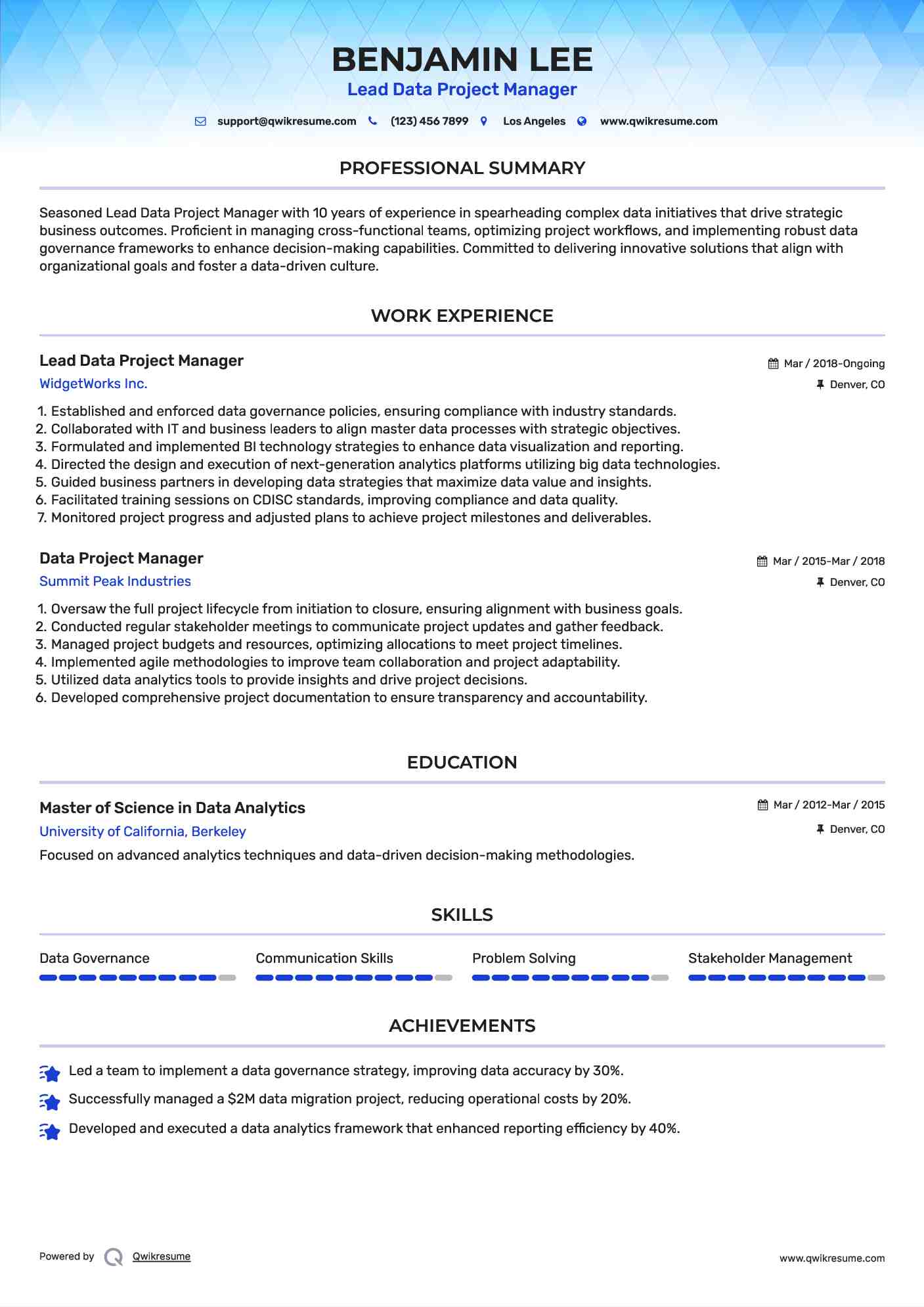 Lead Data Project Manager Resume Example