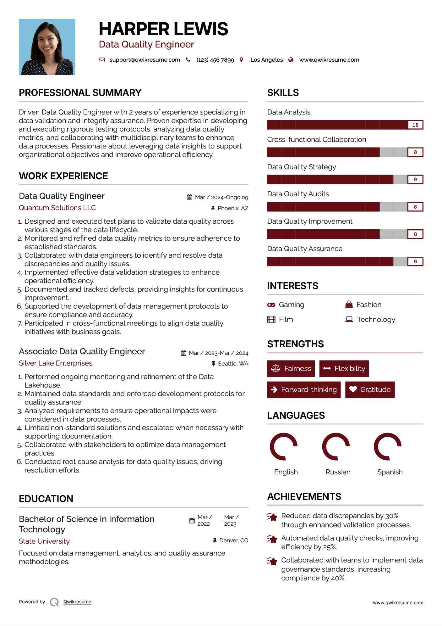 Data Quality Engineer Resume Example