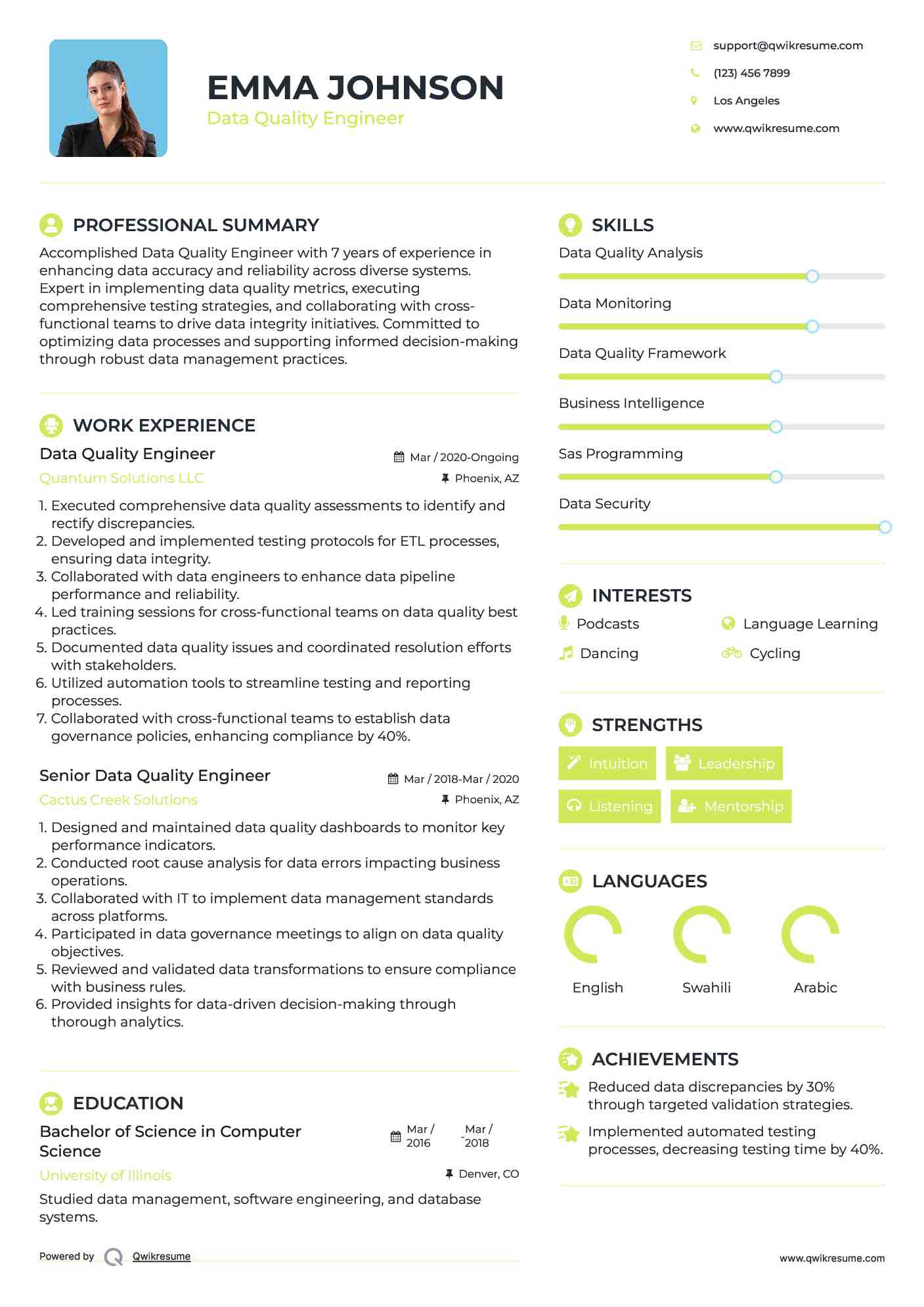 Data Quality Engineer Resume Model