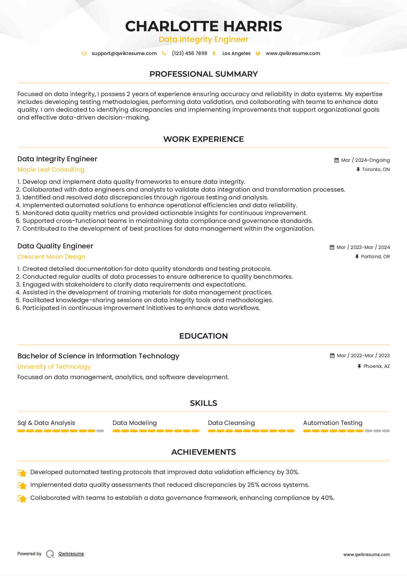 Data Integrity Engineer Resume Model